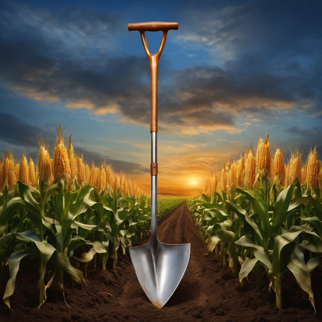 shovel with ribbon on the handle stuck in ground (background: corn fields, dawn sky) oil painting, canvas texture
