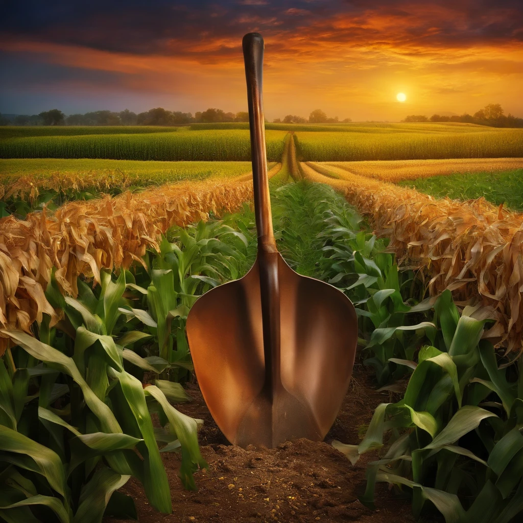 shovel with ribbon on the handle stuck in ground (background: corn fields, dawn sky) oil painting, canvas texture