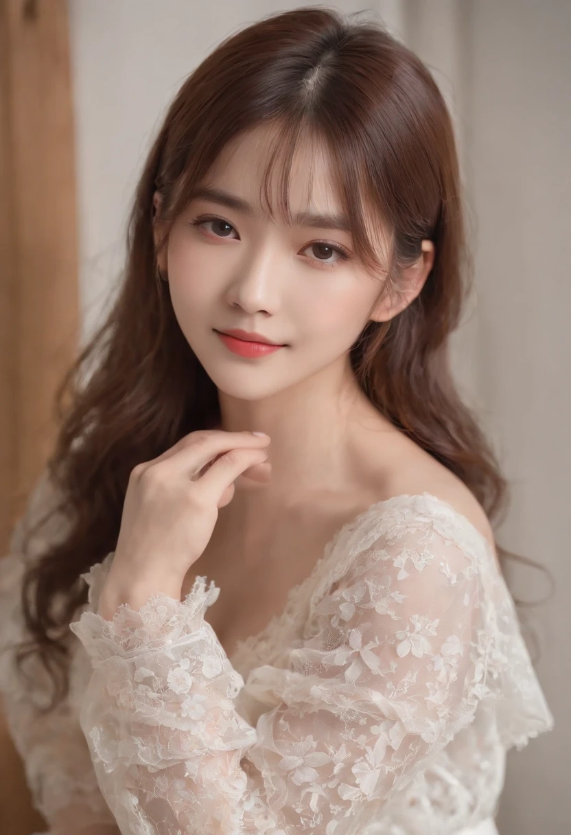 top-quality, Photorealsitic, masterpiece, 8K, Hi-Res, 独奏, 1girl in, (((infp young woman))),sixteen years old、full body Esbian、(small tits), ((Look at viewers)), (look at a camera), ((Different hairstyles close to long))、Perfect straight black hair、(((With bangs)))、 (profetional lighting), Highly detailed bright face、Gentle Japan girl、Lovely smile、Small cleavage、White dress with lace(long-sleeve)、Standing in the room