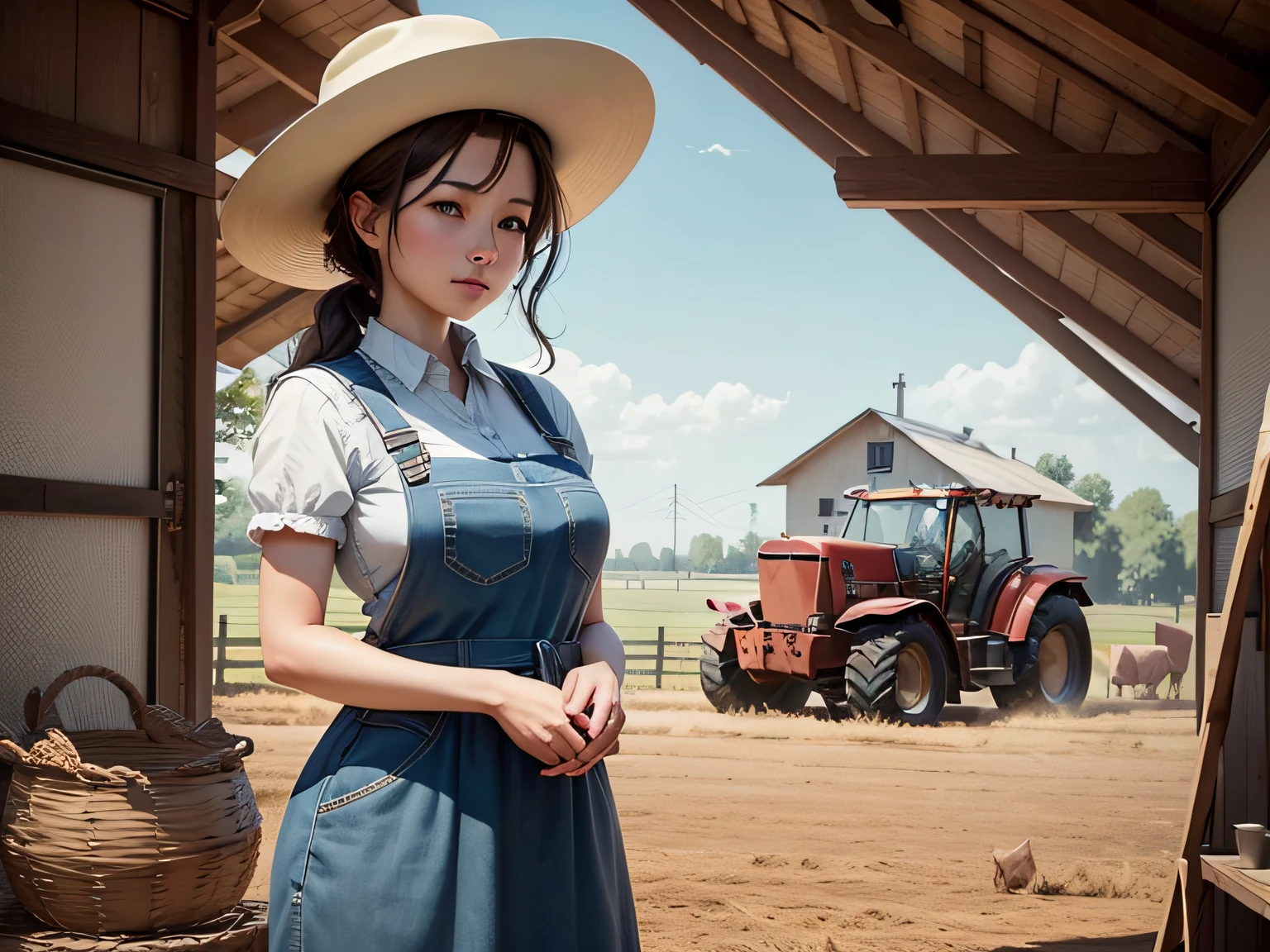 A woman who farms on a farm，With a hat，Dress like a farmer in the American West in the 18th century。The overall style of the picture should be biased towards cartoons、pix、Geometric style，At the same time, there should be a corresponding context，The background is the facility or livestock on the farm，Such as tractors、pecora、pigs, etc，Also appear the farm's warehouse。She should be holding farm tools or plowing，The character style should not be realistic，It should be like the face style of a character in an indie game