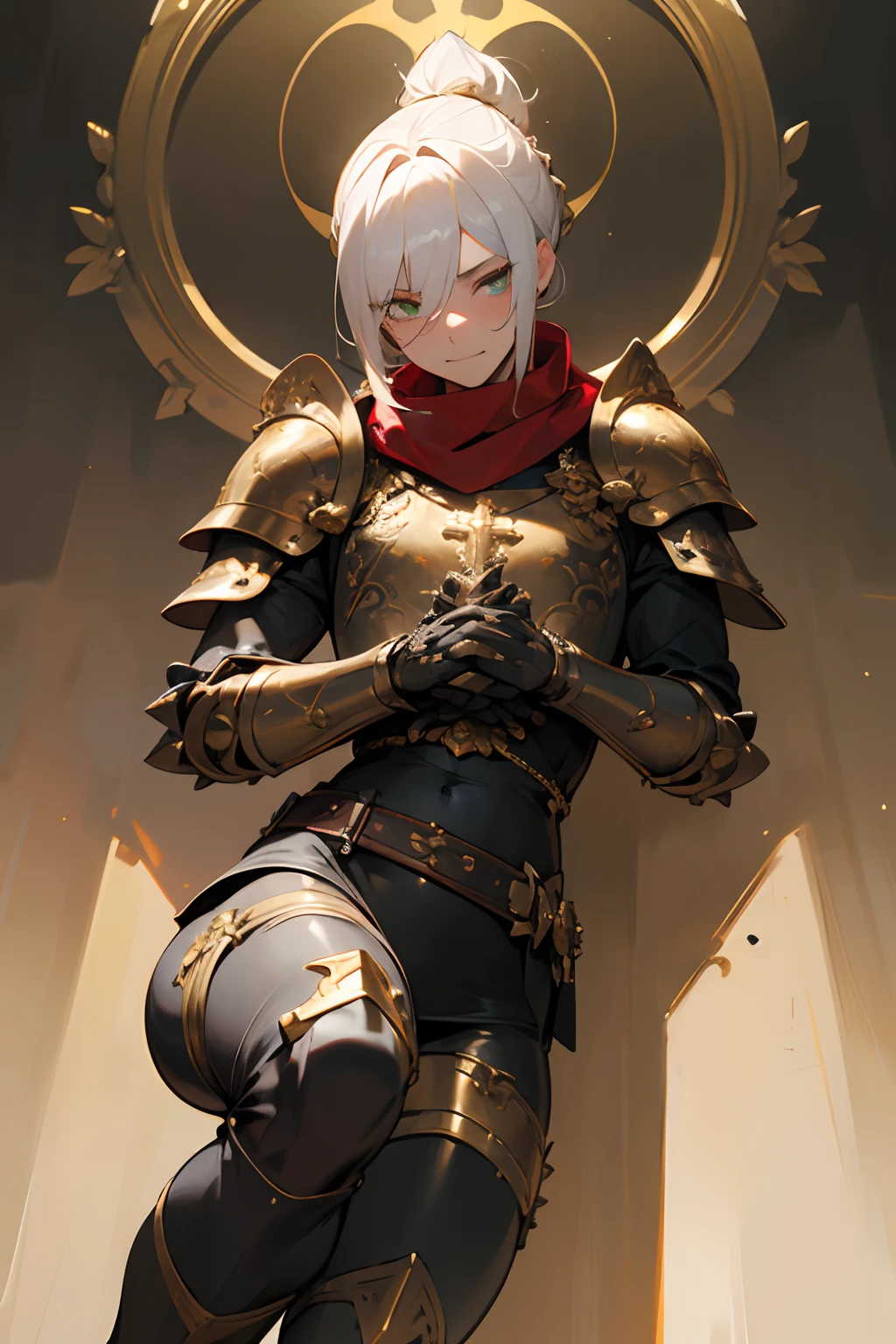 Masterpiece, best quality, very detailed, trending on ArtStation, 1man, femboy, (effeminate), knight, long hair, (white hair), ((chignon haircut)), looking at viewer, extremely detailed eyes, (green eyes), blushing slighly, serious grin, detailed nose, scar under left eye, ripped scarf, (red scarf), spiked pauldrons, (golden ornaments), ornate chest plate armor with gemstones, (blue gemstones), dented details on armor, belts and buckles on waist, deteriorated Greaves, ripped leather leggings, (detailed leg muscles), ((thick thighs)), great sword stuck in the ground, (gold detailed cross-guard), ((black leather grip)), praying on knees, destroyed dark church background, dark ambiance, ambiance light