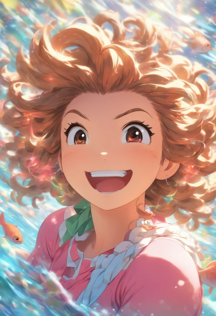 Special_week_(umamusume), Buffer fish wood, hair pin,Printed dress, Pink dress, Small breasts, A high resolution, Upper body, Smile, White backpack, Solo, Beast quality，Hold the cheeks