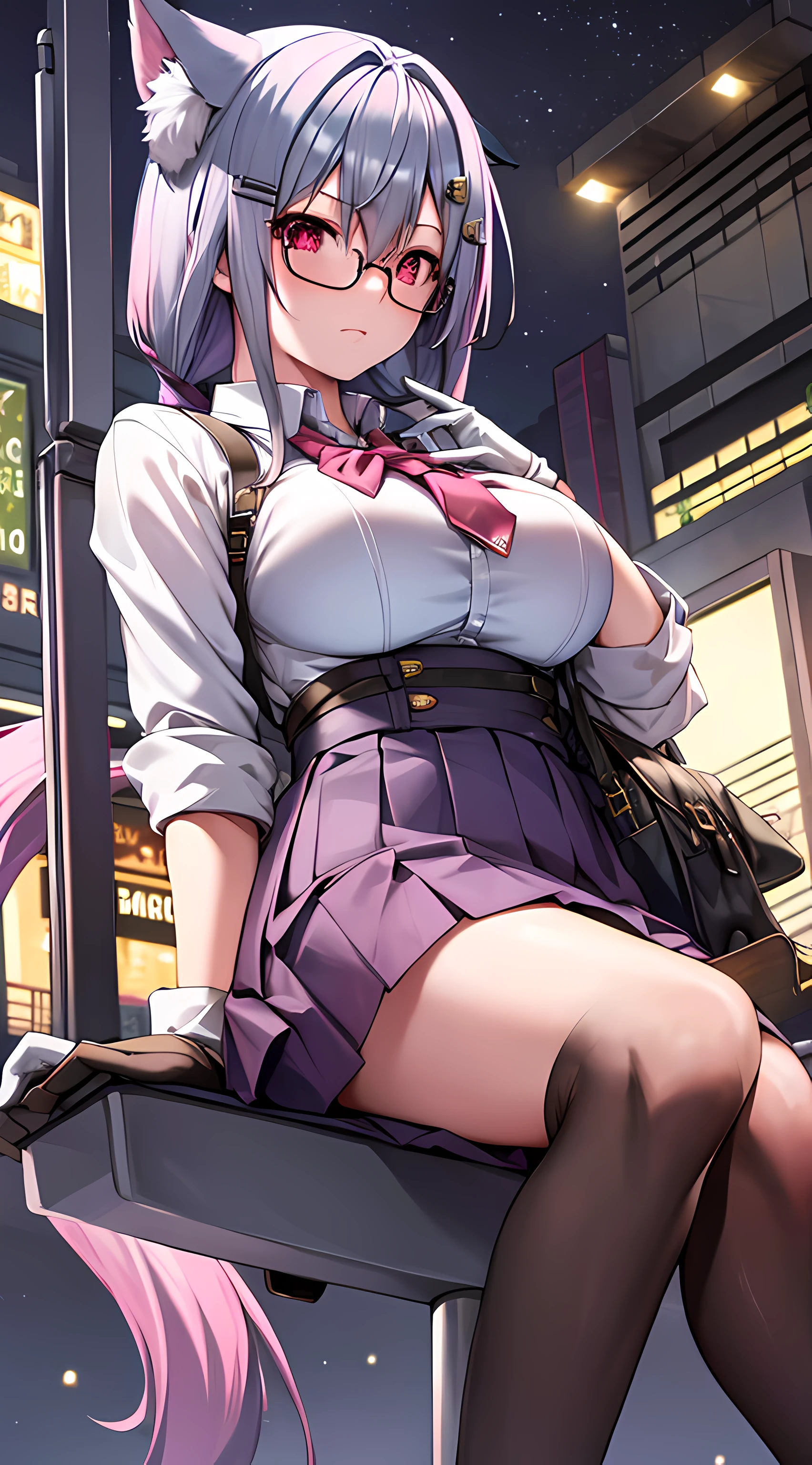 NSFW, 1girll, RAW photo , Best quality , Masterpiece , Photorealistic , Realistic details , Realistic proportions , A detailed face , face round , Whole body , full bodyesbian , Japanese female office worker , A MILF , attractive mature lady , 20yr old, Seductive smile , Curvy , secretary , Very short miniskirt:1.4 , Skirt lift 1.8 , Panty shots:1.2 , a garter belt ,Pantyhose , Spread legs, Transparent blouse:1.5 ,Bra compartment shirt:1.5 ,glistning skin , ,Stand in the warehouse , Dynamic lighting, Extra-large big breasts,Blush,Perfect body slim curves,hair purple,
