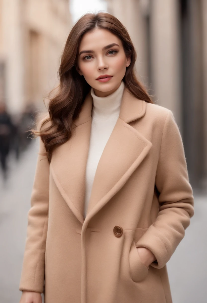 best quality,ultra-detailed,realistic woman wearing a camel wool coat, beautiful standing posture, detailed face features, long eyelashes, stylish appearance, confident expression, flowing hair, sophisticated makeup, high-quality material texture, soft and warm wool, glossy fabric, elegant silhouette, tailored design, flattering fit, luxurious accessories, classic and timeless fashion, natural lighting, warm color tones, sophisticated background