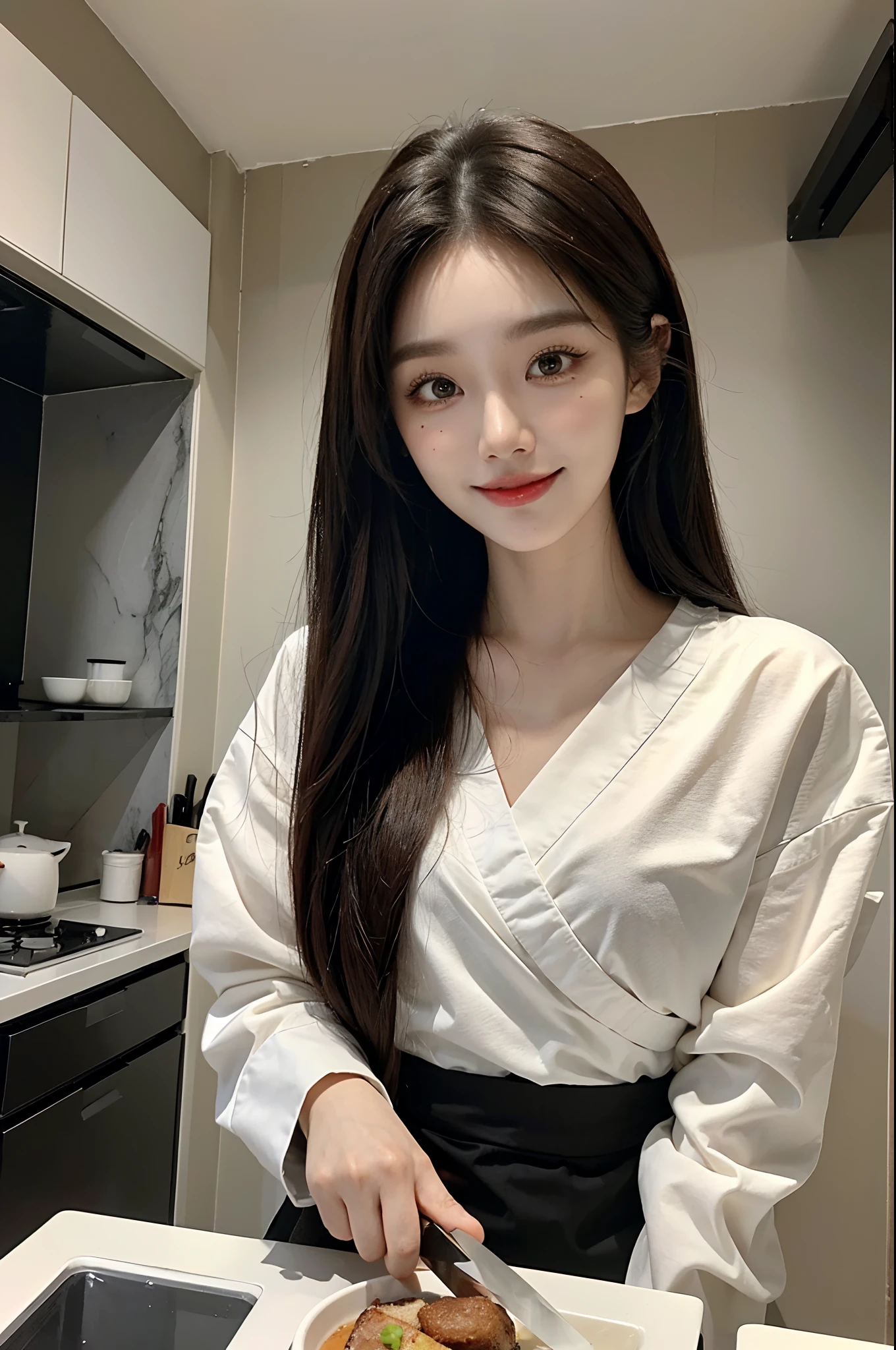 masterpiece、top-quality)、1 beutiful girl、Slim body、((Cute black and white plain clothes:1.1))、(Detailed beautiful eyes)、In the kitchen of a rich man's house、Face similar to Chaewon in Le Selefim、((Boyish Brown Medium Hair))、((Smaller face))、((Neutral face))、((Light brown eyes))、((Korean Girl))、((18year old))、((CUTE WOMAN))、((A shy smile on his face))、((Korean Makeup))、((elongated and sharp eyes))、((Happy dating))、((boyish))、((Cooking with a kitchen knife))、((shot from front))
