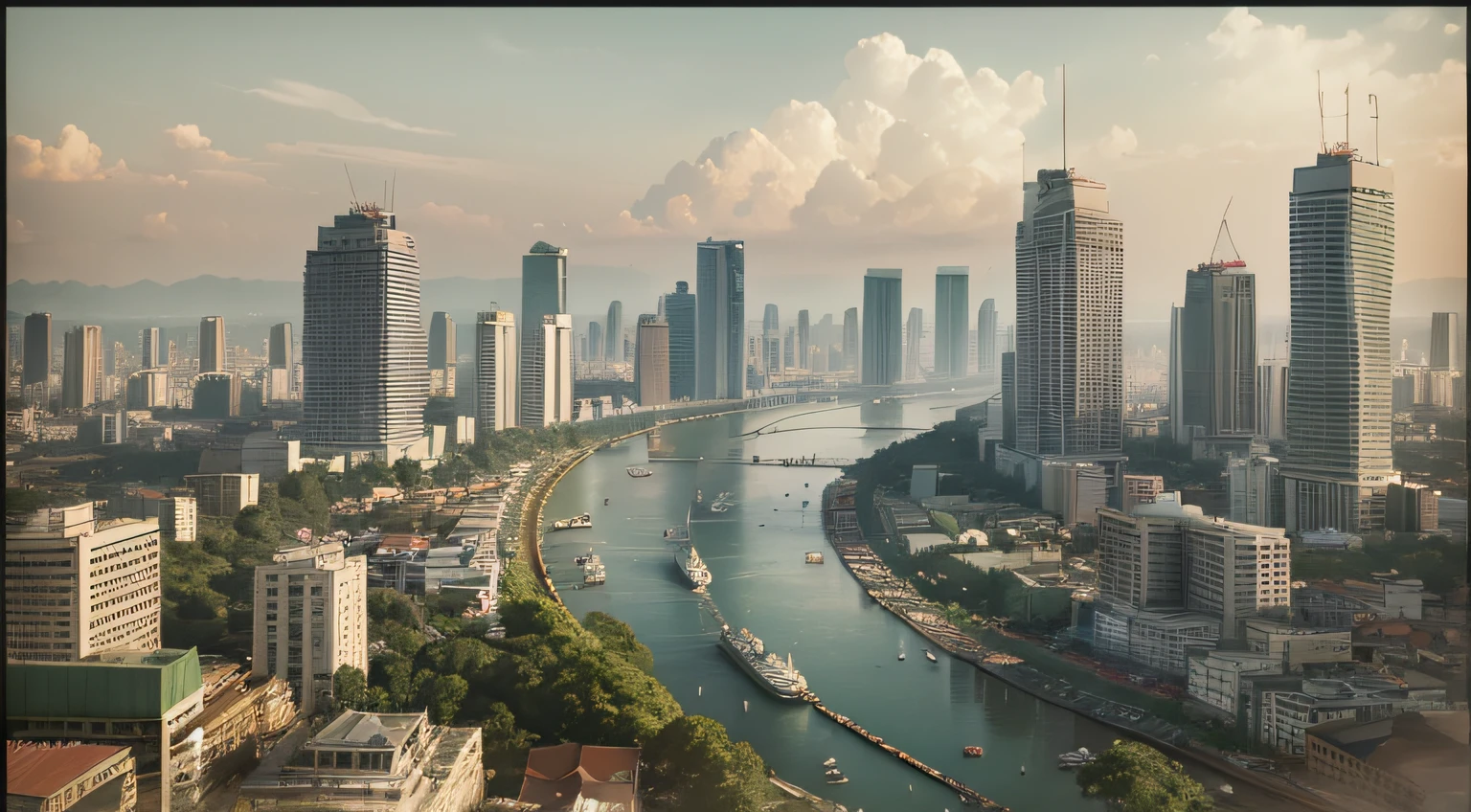 Create a vivid and detailed image representing Jakarta in the past, specifically during the early 20th century. The scene should be bustling with activity, showcasing the cultural and economic vibrancy of the time, Style: Realistic with a touch of Vintage, Aspect Ratio: 16:9, Quality: High, Size: 500px.