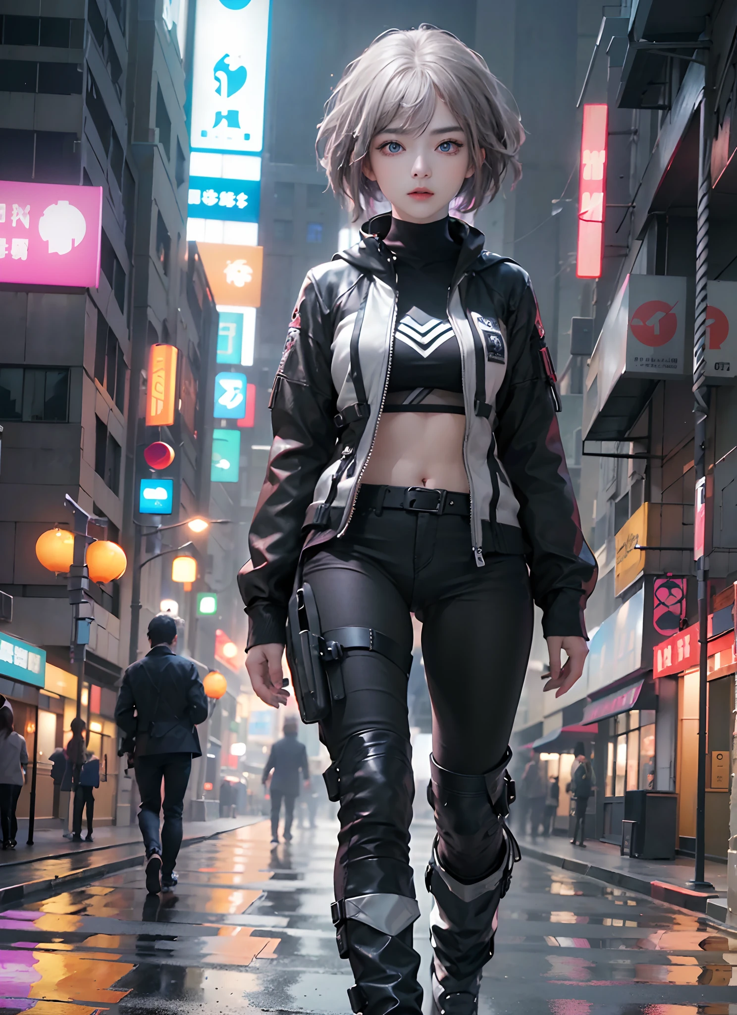((top-quality)), (((masterpiece)), (detaileds: 1.4), 3D, Beautiful Cyberpunk Woman Image, bob cuts, Broken black tights, leather clothes, Electromechanical, nffsw(HighDynamicRange), Ray traching, NVIDIA RTX, Hyper-Resolution, Unreal 5, Sub-surface scattering, PBR Texture, Postprocess, Anisotropy Filtering, depth of fields, Maximum sharpness and acutance, Multilayer Texture, Albedo and Highlight Maps, Surface Coloring, Accurate simulation of light-material interactions, perfectly proportions、octane renderings、two tone lighting、Large aperture、Low ISO、White Balance、thirds rule、8K Raw、masterpiece、top-quality、(8k extremely detailed CG unit wallpaper)(top-quality)、(The best illustrations)、(Best Shadows), blue eyes, long hair, big titt