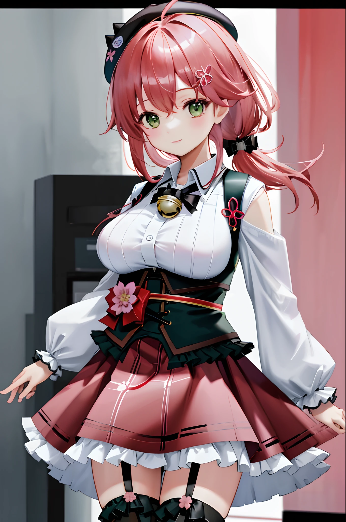 masutepiece, Best_Quality, hight_resolution, miko2,Ponytail, 1girl in, Green eyes, Ahoge, black headwear, Hair Ornament, White shirt, black thighhighs, Pink hair, Red short_skirt, plaid skirts, garter_strap, Collared shirt, hair clips, frilld, Bangs, hair between eye, frills skirt, beret, Pleated skirt, Hair Flower, Neck bell, , puffy long sleeves, Black bow, Underbust, Cowboy Shot,Smile, big_breasts,