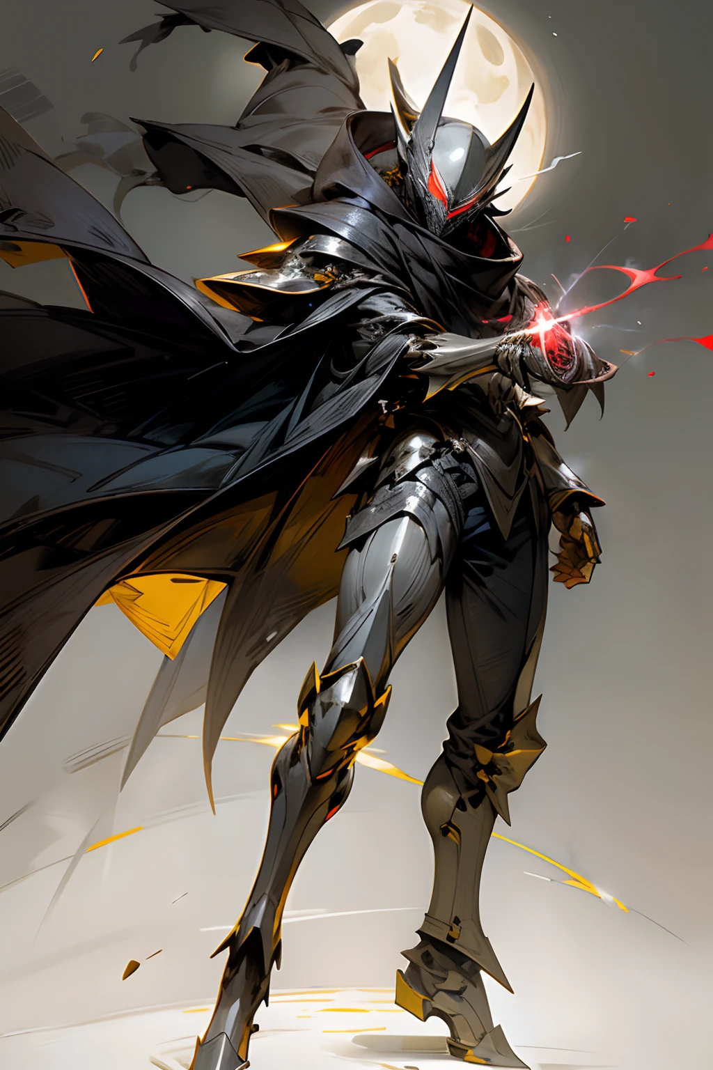 Moonlight, silver masked man, full body armor, indigo cloak, red glowing eyes, yellow flash