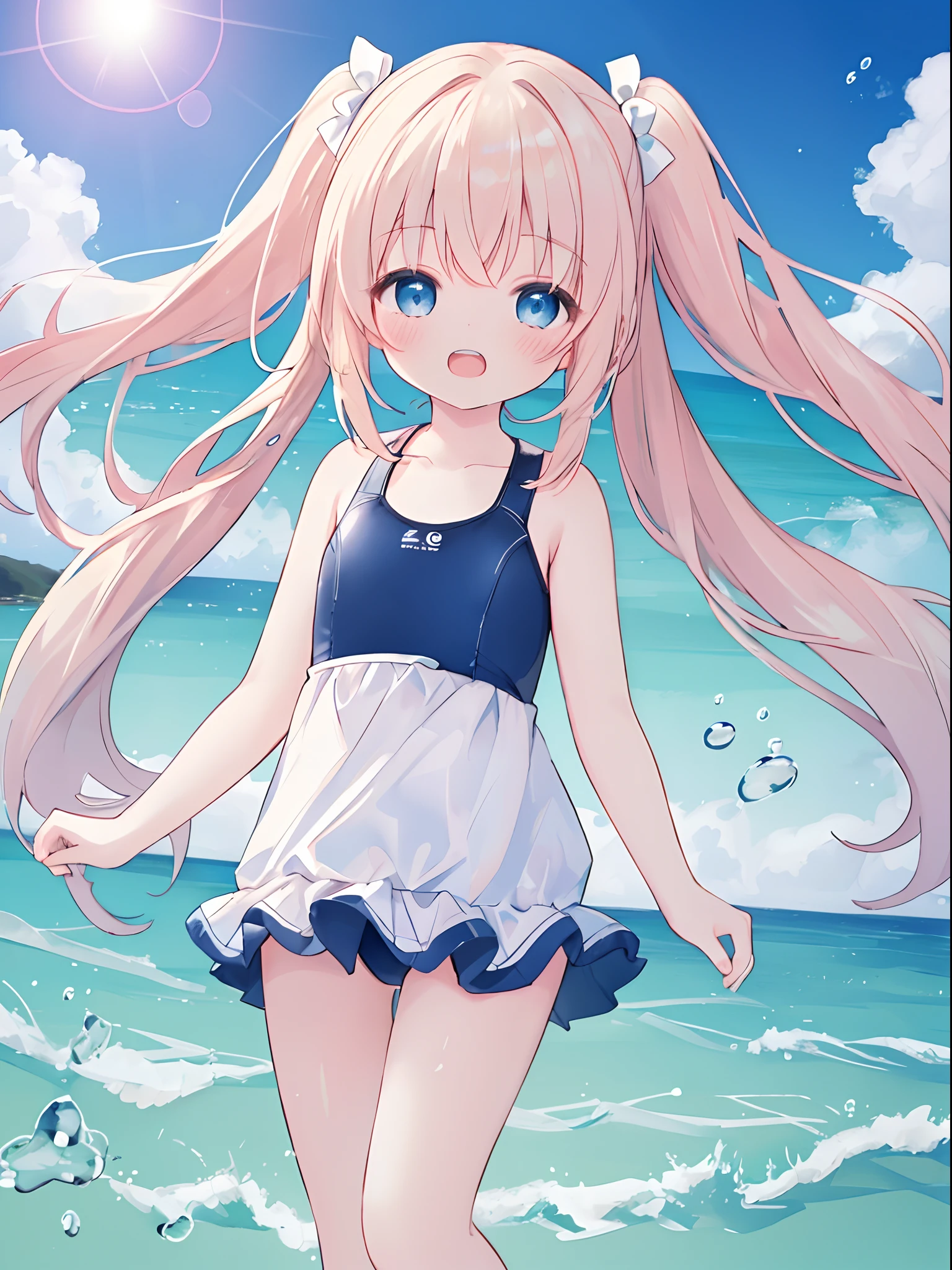 ((4K, ​master piece, Best Quality)), **************** s,Wind,pale blond hair, Blue eyes,very long twintails,Blue sky,Laugh,double tooth,Closed eyes,Looking at Viewer,Lens Flare, Coastal, swim wears