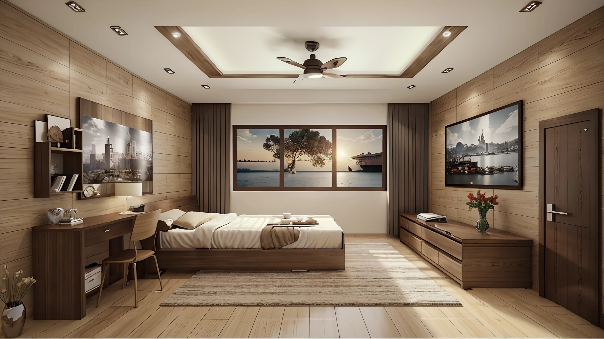 Masterpiece, high quality, best quality, authentic, super realistic, super detail, interior,modern bedroom, rug,wooden floor,window,curtains,daylight,vray