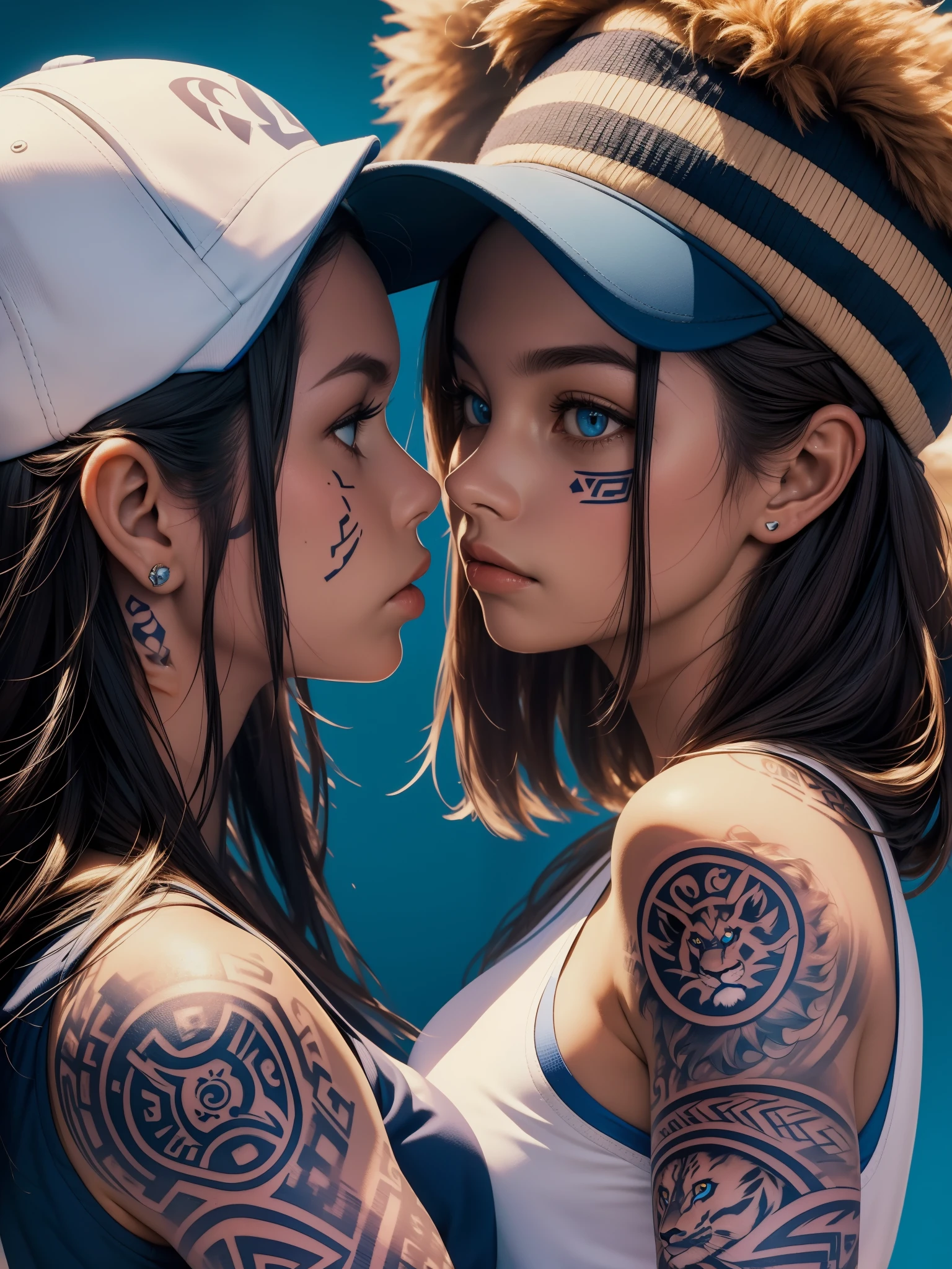 masterpiece, over the chest shot, close up of 1woman, 1woman, (tennis cap:1.2), blue eyes, (tribal (Lion) tattoo on cheek), tennis court background, (looking in camera), (side view), bokeh