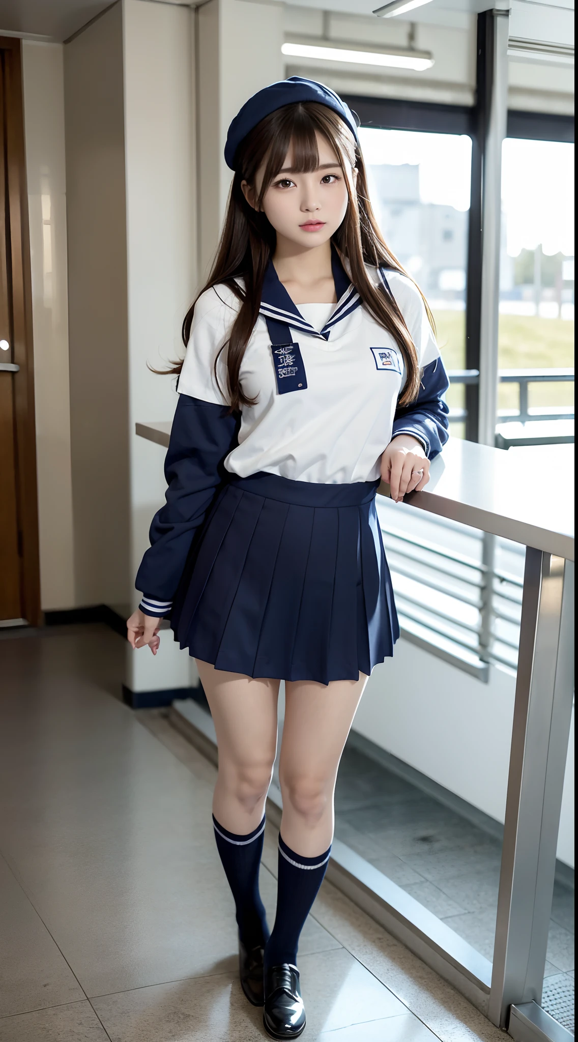 mix4, (16 K, Raw photography, Top image quality, masterpiece: 1.45), (realisitic, Photorealsitic: 1.37), one girls, 7.5, etc、Random hairstyle、Standing figure,Daytime、a very cute,Station platform,, profetional lighting, photon maping、physically-based renderingt, Gradient dark brown hair,Crisp backgrounds and high resolution, a handsome, Well-groomed and beautiful eyes、Large double eyelids、Very shiny、girl with, (((student clothes、Winter clothes、Sailor suit worn by Japan girl、Navy blue sailor color、scarf、a miniskirt, Small beret、high socks、lowfers))), Top Quality Photos, hight resolution, 1080p, (clearface), (Detailed face description), (Detailed hand description), (masterpiece), (Exquisite CG)、extreme light and shadows、dishevled hair、master work、abundant detail、(Fine facial features)、(top quality photo)、(masuter piece)、(A detailed eye)、Look in front of you、Fine clavicle、((Slender big))、(((Japan schooln sailor suit)))、((Idle system))、((Station platform、wicket、train track、railroad crossing))、(((neat and cute)))、耳Nipple Ring、A big smile、Drawing the whole body from the knees、Do not draw nasolabial folds、(((Long sleeve sailor suit)))、(Big breasts that hang down big:1.2)、Big buttocks with tension、Two arms and two legs、(((from the front side:0.3)))、bare hand、No mask、No skin exposure