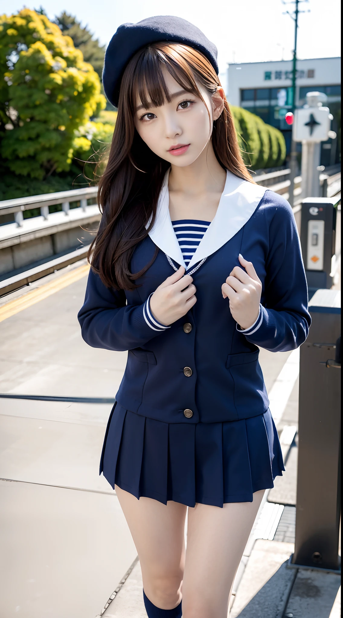 mix4, (16 K, Raw photography, Top image quality, masterpiece: 1.45), (realisitic, Photorealsitic: 1.37), one girls, 7.5, etc、Random hairstyle、Standing figure,Daytime、a very cute,Station platform,, profetional lighting, photon maping、physically-based renderingt, Gradient dark brown hair,Crisp backgrounds and high resolution, a handsome, Well-groomed and beautiful eyes、Large double eyelids、Very shiny、girl with, (((student clothes、Winter clothes、Sailor suit worn by Japan girl、Navy blue sailor color、scarf、a miniskirt, Small beret、high socks、lowfers))), Top Quality Photos, hight resolution, 1080p, (clearface), (Detailed face description), (Detailed hand description), (masterpiece), (Exquisite CG)、extreme light and shadows、dishevled hair、master work、abundant detail、(Fine facial features)、(top quality photo)、(masuter piece)、(A detailed eye)、Look in front of you、Fine clavicle、((Slender big))、(((Japan schooln sailor suit)))、((Idle system))、((Station platform、wicket、train track、railroad crossing))、(((neat and cute)))、耳Nipple Ring、A big smile、Drawing the whole body from the knees、Do not draw nasolabial folds、(((Long sleeve sailor suit)))、(Big breasts that hang down big:1.2)、Big buttocks with tension、Two arms and two legs、(((from the front side:0.3)))、bare hand、No mask、No skin exposure