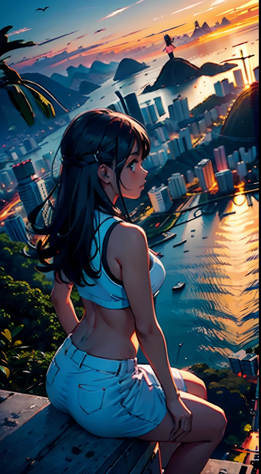 girl at sunset on a mountain in Rio de Janeiro the girl looking at the view of the city in the background with telefere in the background