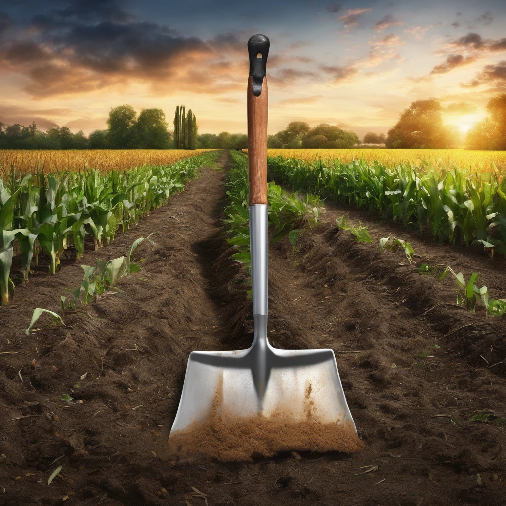 shovel with ribbon on the handle stuck in ground (background: corn fields, dawn sky) oil painting, canvas texture