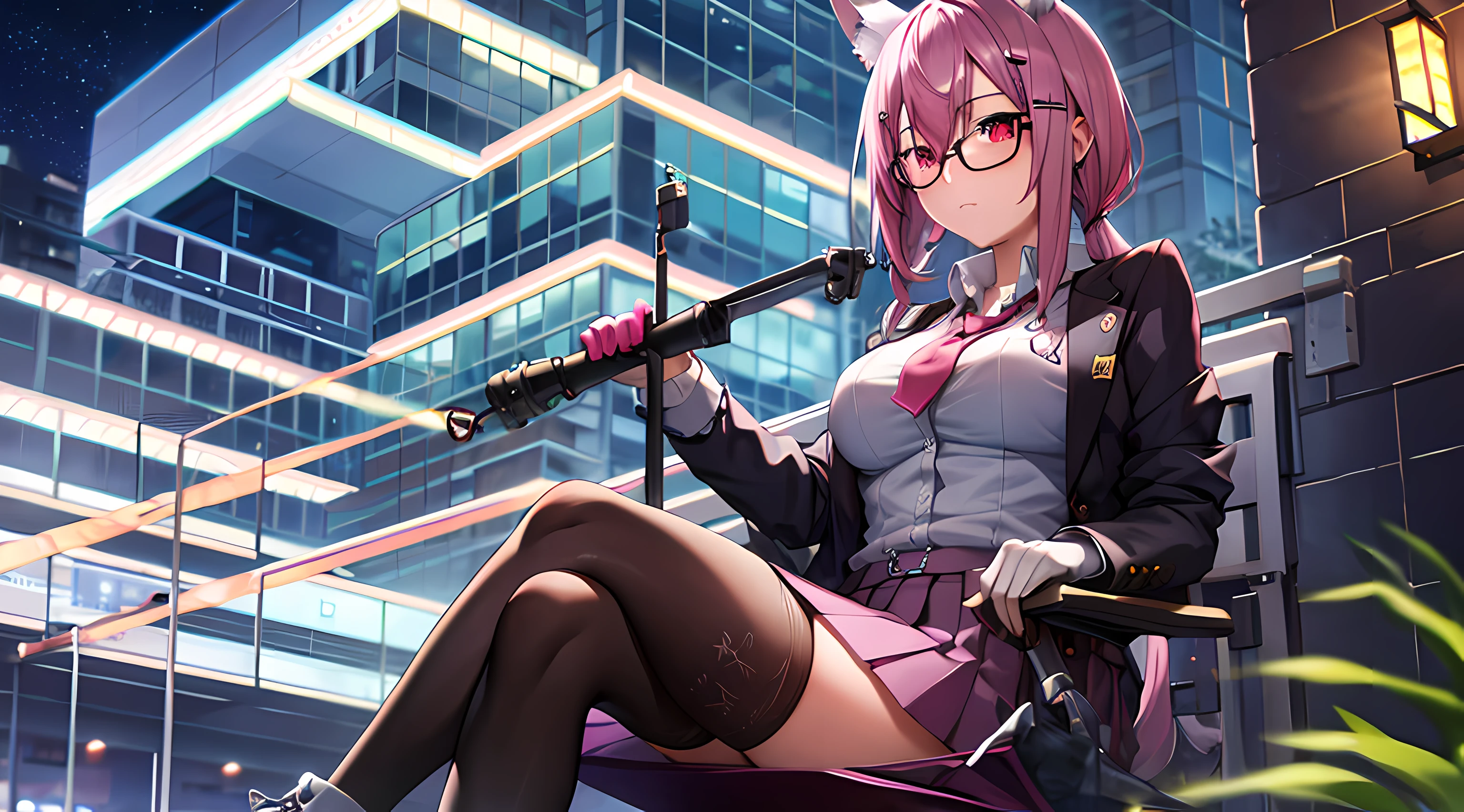 girls, pink hair, blue yellow eye, wolf ear, glasses, short skirt, school outfit, medium breast, stocking, horsetail hair style, night theme, park, sit on the chair