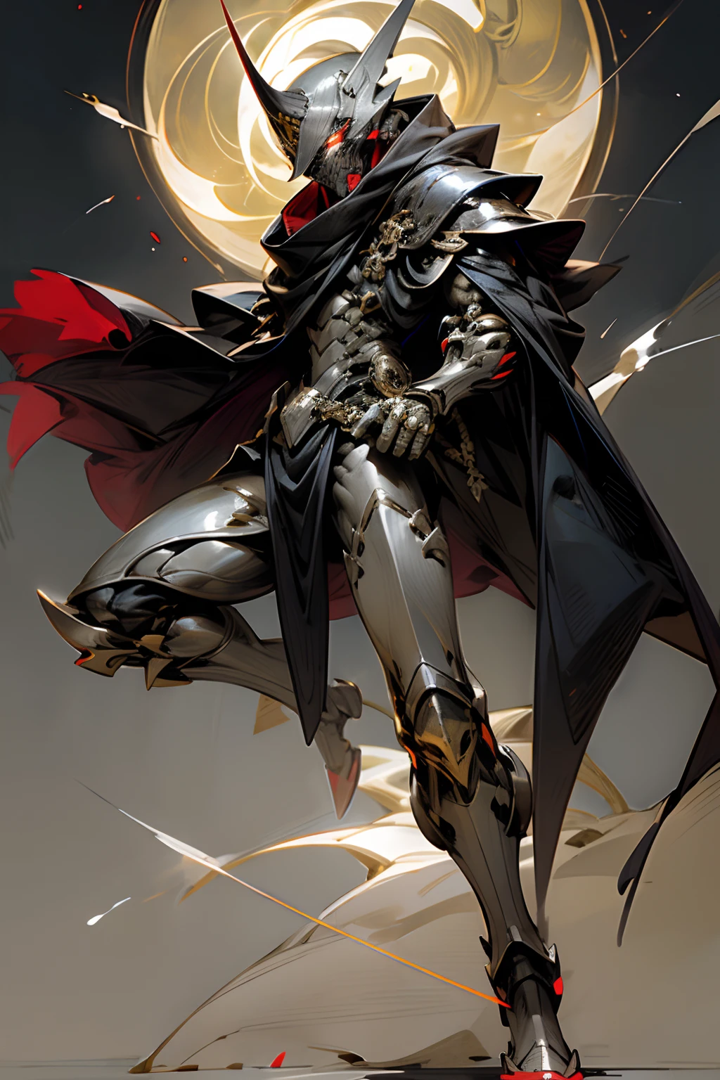 Moonlight, silver masked man, full body armor, indigo cloak, red glowing eyes, yellow flash