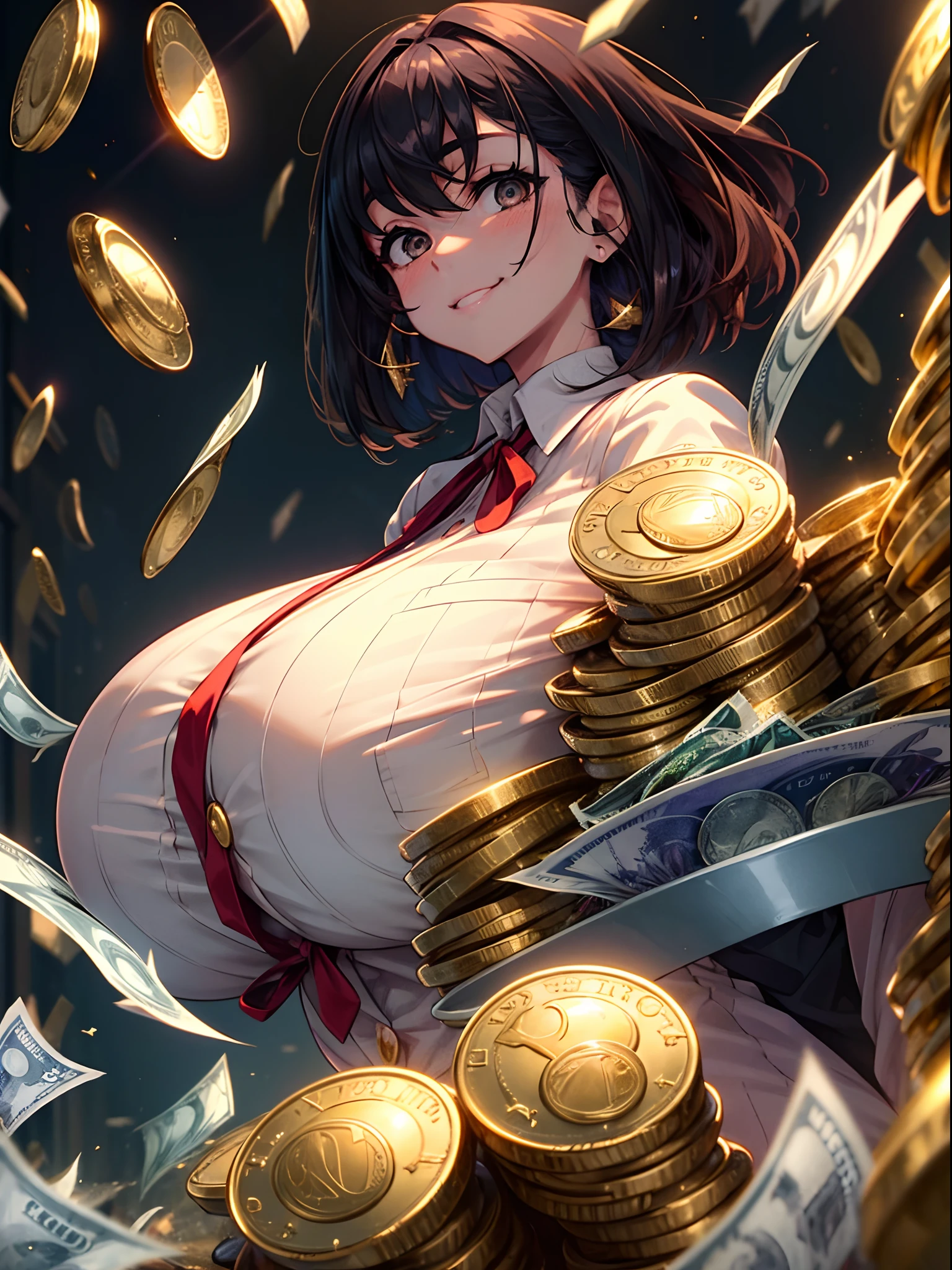 Young dark-haired female CEO, Gentle smile,(huge bust:1.5),The background is a securities company with many staff、Rich woman、Scattered gold coins、Dollar bills flying around、