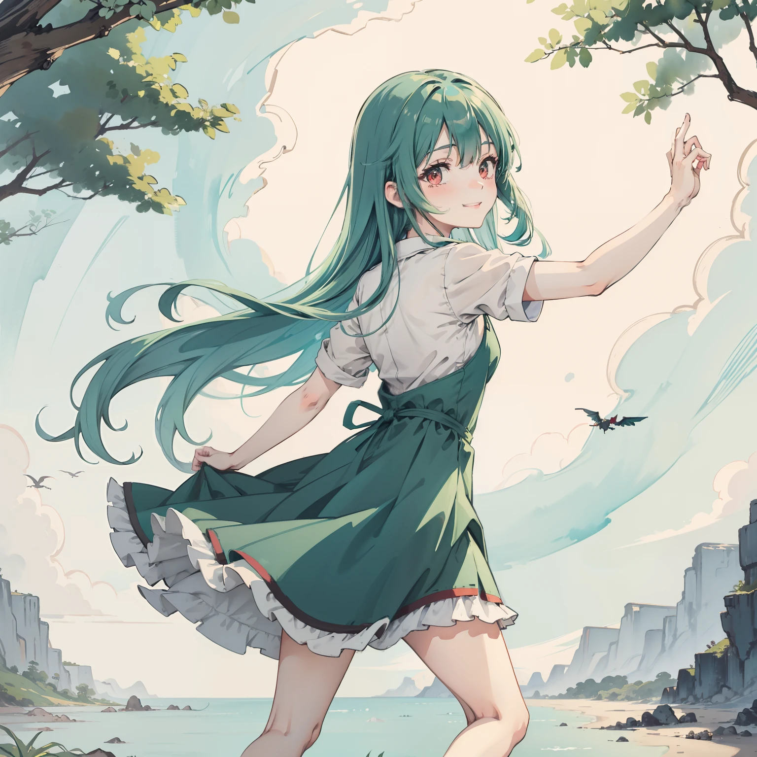 1girll, Long aqua green hair, Red eyes, dress, The back has membranous wings,(Solo:1.3),Simple drawing, Cute, Big smile,From the side Side,Dancing,Watercolor illustration, Perfect anatomy, Masterpiece, Best quality, 1girll, li,eature, landscape