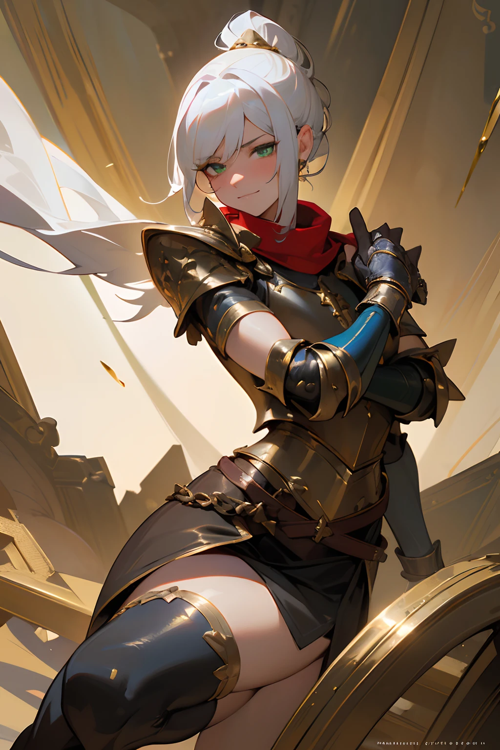 full body sitting on a bench showing ass to me, BLUE breastplate, BLUE skin (1girl)(BLUE skin:1.2) looking at viewer, shiny, armor, thigh highs, high boots, pauldrons shoulder armor, faulds, poleyn, gloves, gauntlets, rerebrace armored boots, (masterpiece, best quality, ultra-detailed, best shadow) yordle pointy ears muscular lean platinum blonde long twin-tails hairstyle at the office lustful smirking smile face red blushed, blush, strong abs, female body builder, tiara, twin drills hair