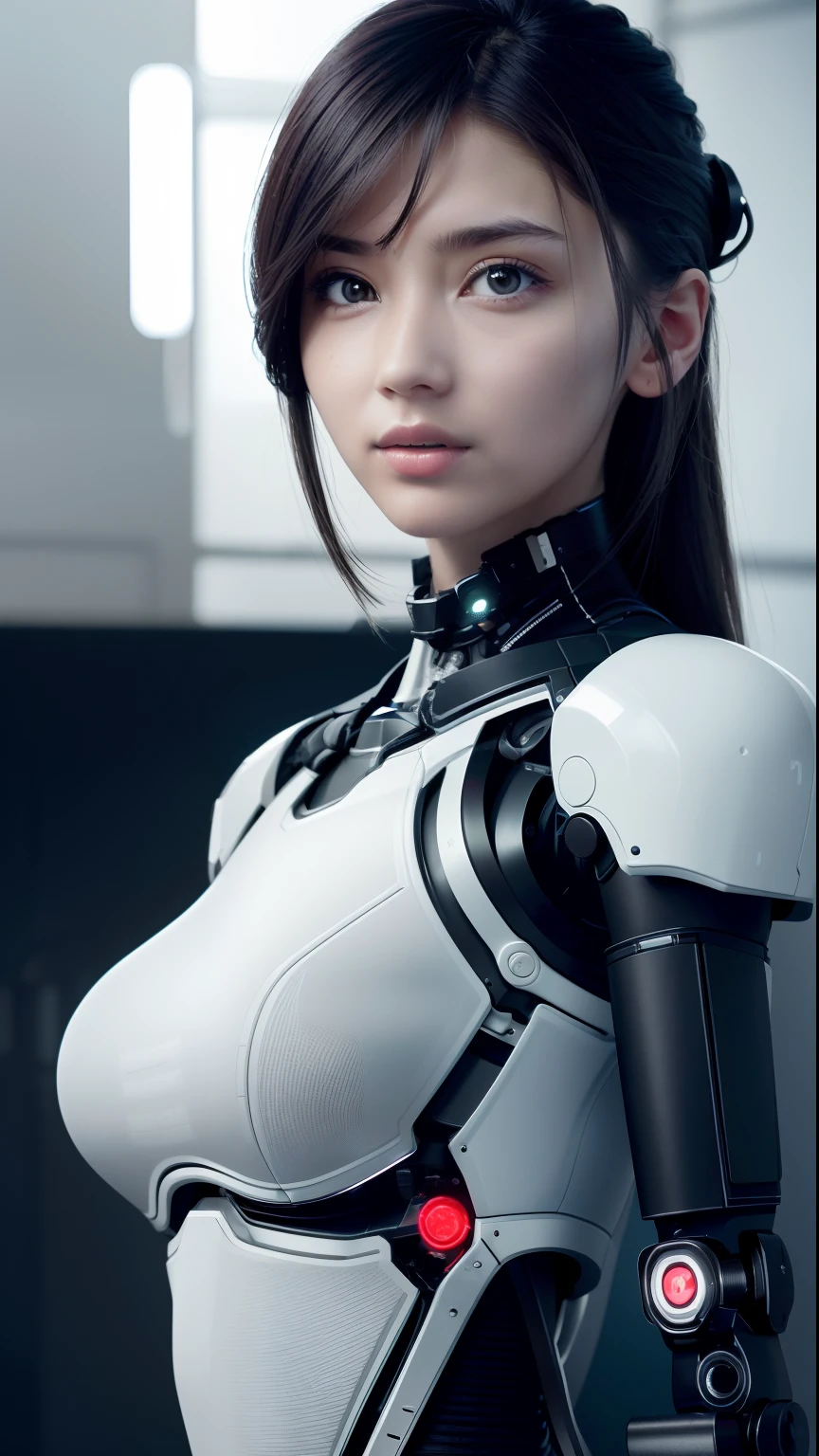 masterpiece, best quality, extremely detailed, 8K portrait,1girl in, Japaese android girl,android teacher,Plump , control panels,android,Droid,Mechanical Hand, ,Robot arms and legs, Black hair,Mechanical body,Blunt bangs,White Robotics Parts,perfect robot woman,Charging spot,perfect mechanical body,white robotics body,android assembly plant,white body,She has repaired,black sponge joints,android,laboratory,perfect machine body,white robot body,blue eyes