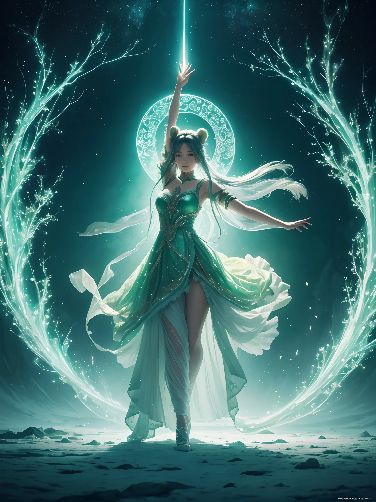 An image of a mystical woman adorned in a vibrant green bear costume, gracefully dancing in a pristine white room illuminated by ethereal moonlight. The scene is incredibly detailed and realistic, exquisitely capturing the intricate patterns on the bear costume. This artwork is currently trending on ArtStation, showcasing a seamless blend of fantasy and realism. Drawing inspiration from the styles of famous artists such as Miyazaki, Ghibli, and Hayao, the image immerses viewers in a world of enchanting beauty and whimsy.