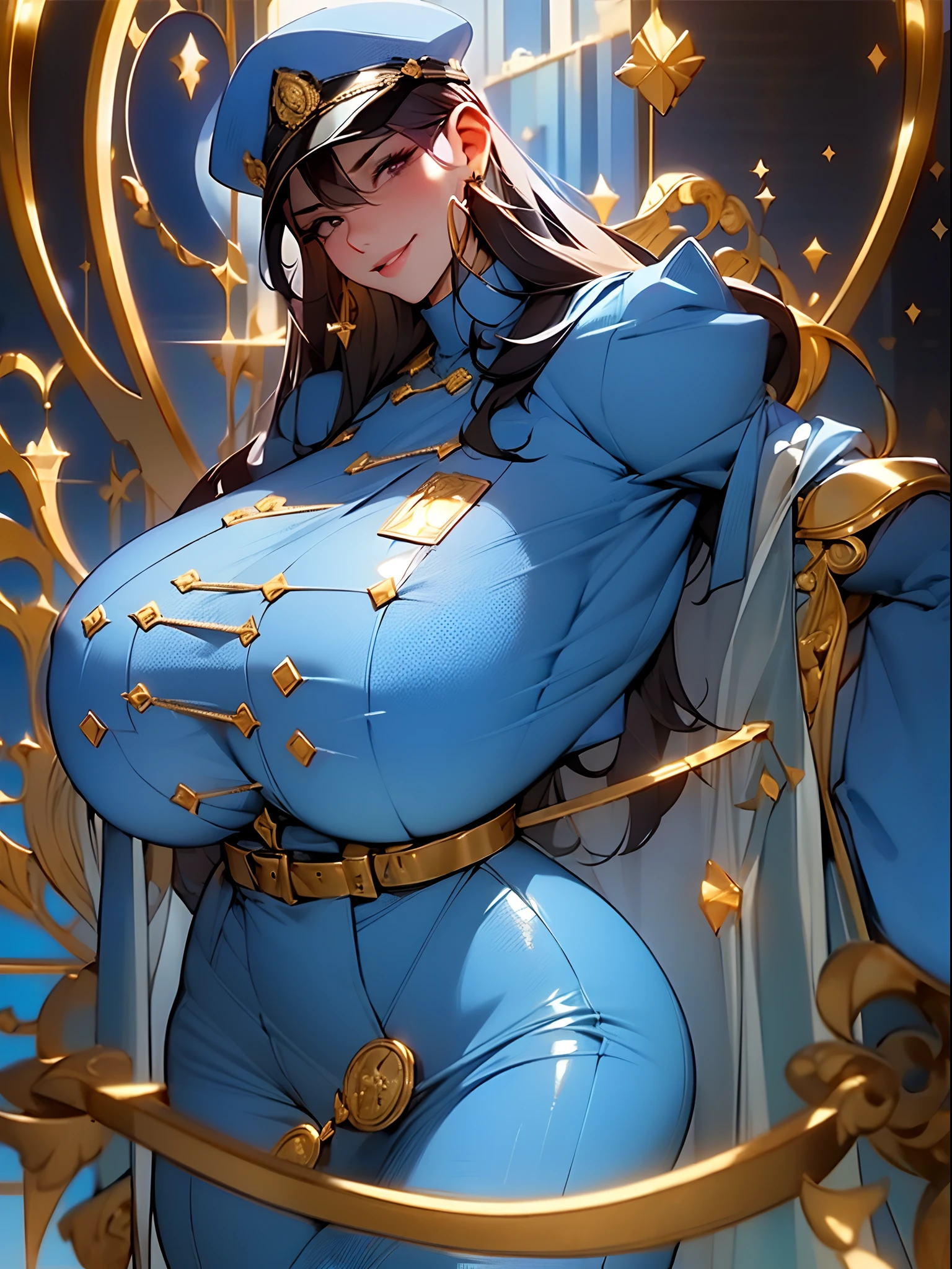 Young dark-haired female CEO, Gentle smile,(huge bust:1.5),The background is a securities company with many staff、Rich woman、Scattered gold coins and dollar bills、