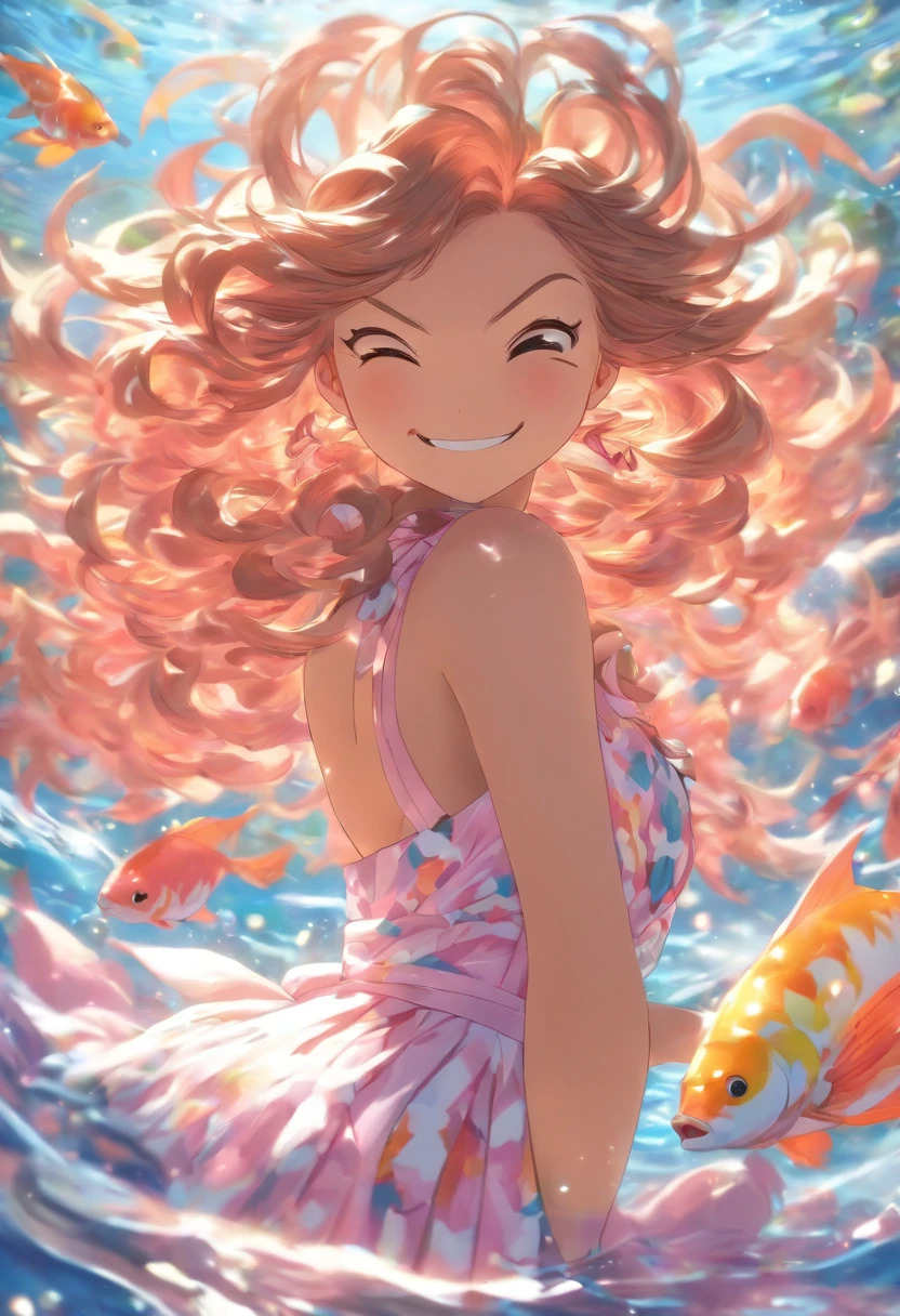Special_week_(umamusume), Buffer fish wood, hair pin,Printed dress, Pink dress, Small breasts, A high resolution, Upper body, Smile, White backpack, Solo, Beast quality,Hold the cheeks