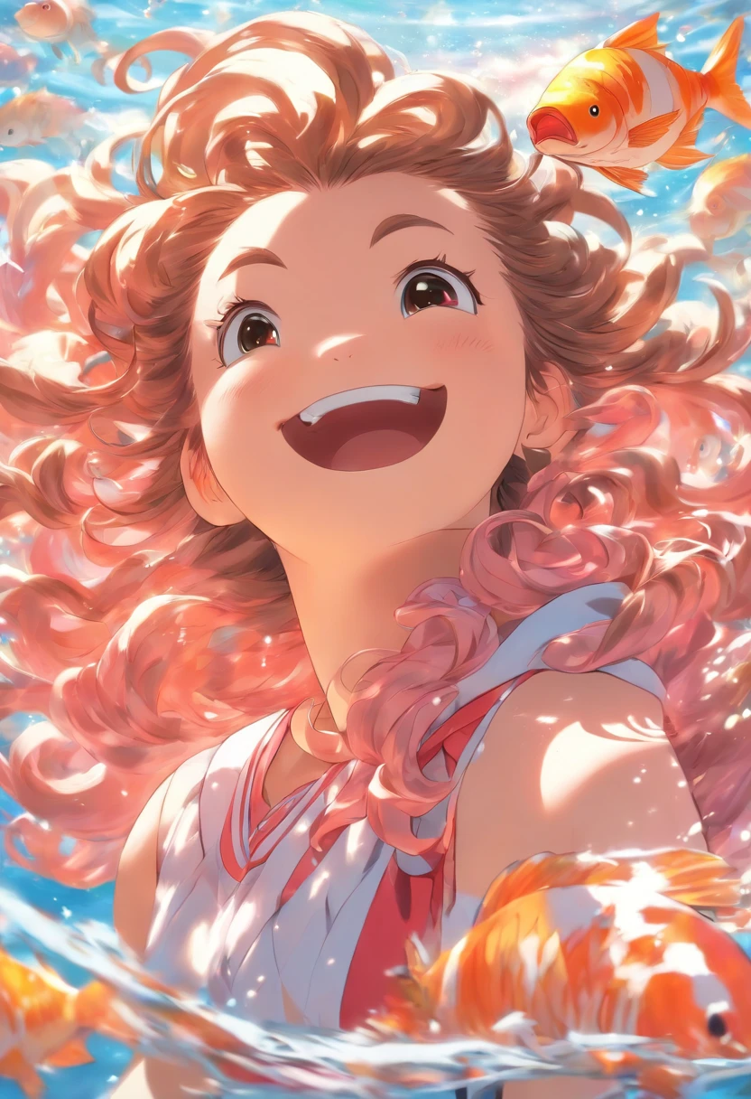 Special_week_(umamusume), Buffer fish wood, hair pin,Printed dress, Pink dress, Small breasts, A high resolution, Upper body, Smile, White backpack, Solo, Beast quality，Hold the cheeks