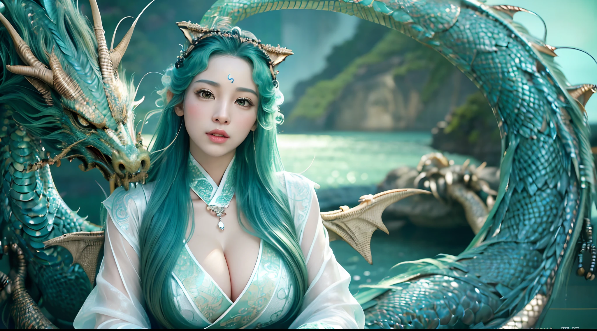 (highest image quality), (masterpiece), (vibrant, photography realistic, Realistic, Dramatic, Dark, Sharp focus, 8K), (best quality,highres),(realistic:1.37),beautiful detailed eyes,beautiful detailed lips,(longeyelashes:1.1),perfectly symmetrical face, flawless complexion, radiant smile, graceful features, stunningly proportioned features, exquisitely shaped eyebrows,vibrant and expressive eyes, luscious and inviting lips, captivating gaze, intricate contours of the face, delicate and refined features, intricate facial bone structure, gleaming skin, porcelain-like complexion, soft and smooth skin, youthful and radiant appearance, sparkling eyes, enchanting smile, symmetrical and harmonious facial expressions, extraordinary beauty, timeless elegance, mesmerizing and magnetic presence, ethereal and otherworldly charm, statuesque beauty, angelic appearance, divine grace., Cinematic Portrait, ((green Taoist clothes:1.2)), ((hanfu)), open v chest clothes, big boobs, ((fairyland waterfall backdrop:1.3)), ((sexy pose)), ((all body shot:.3)) (make up), ((ethereal beauty)), ((surprised expression face)), ((green flowing long hair :1.5)), (elf ears), (hair stick, flower crown, Pendant, Necklace, Chain, Strand of beads), Highly detailed face and skin texture, ((big and long feathered wings:1.3)), (big mole eye:1.2) (( A huge dragon is behind backdrop:1.5)), natural color,
