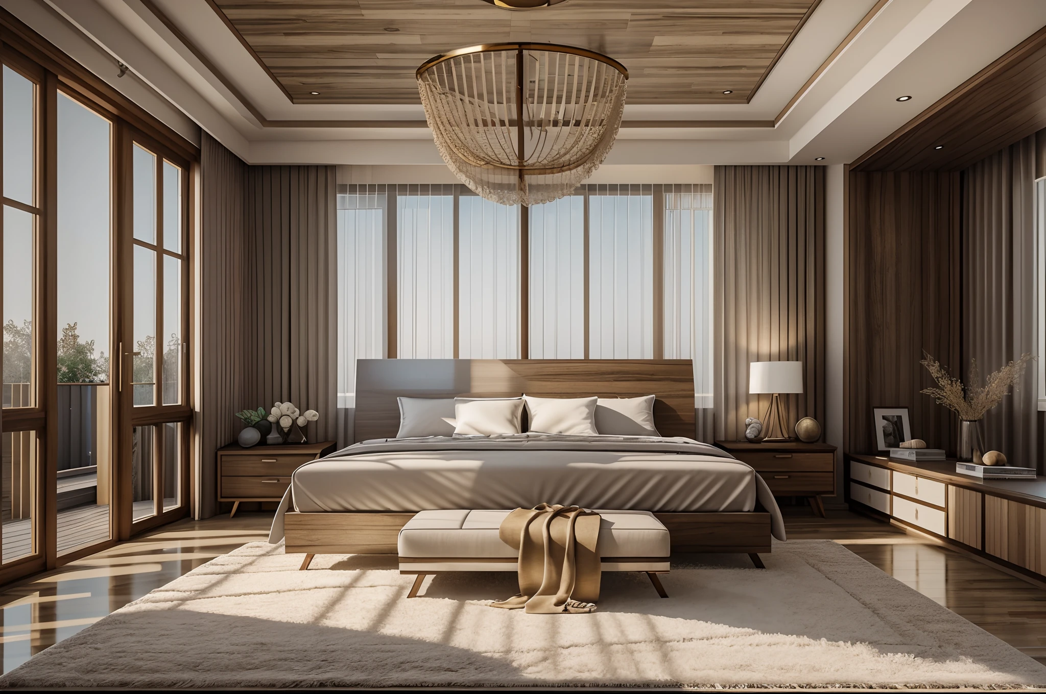 Masterpiece, outstanding quality, photo-realistic, intricate details, modern interior, elegant bedroom, plush rug, polished wooden floor, sunlit window, flowing curtains, natural daylight, vray.
