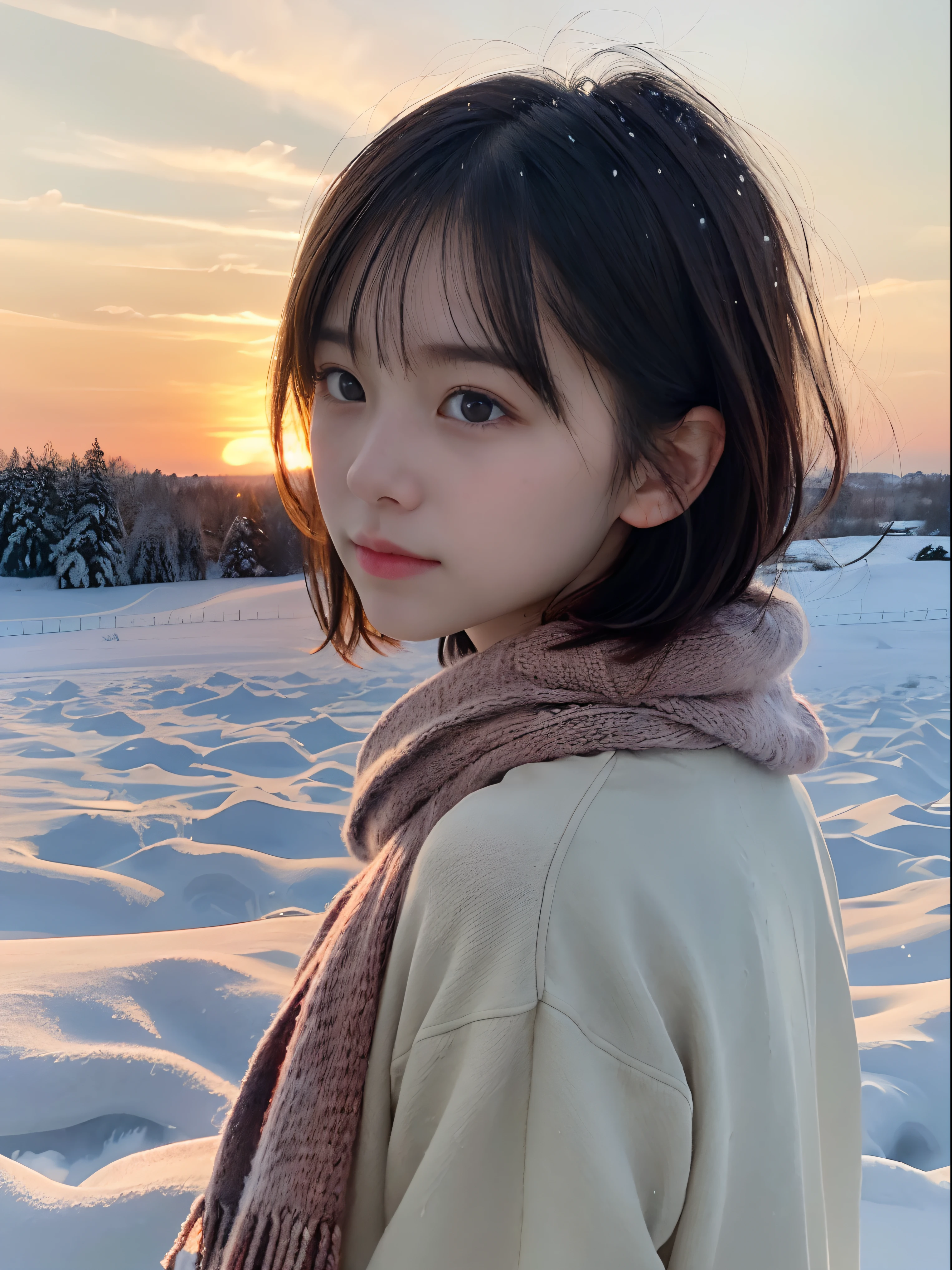 (A close-up portrait from behind of one slender girl has short hair with dull bangs and a scarf coat in winter uniform:1.5)、(One girl turned around with a sad face with hair fluttering in the wind :1.3)、(Beautiful snowy sunset all red sky:1.5)、(Perfect Anatomy:1.3)、(No mask:1.3)、(complete fingers:1.3)、Photorealistic、Photography、masutepiece、top-quality、High resolution, delicate and pretty、face perfect、Beautiful detailed eyes、Fair skin、Real Human Skin、pores、((thin legs))、(Dark hair)