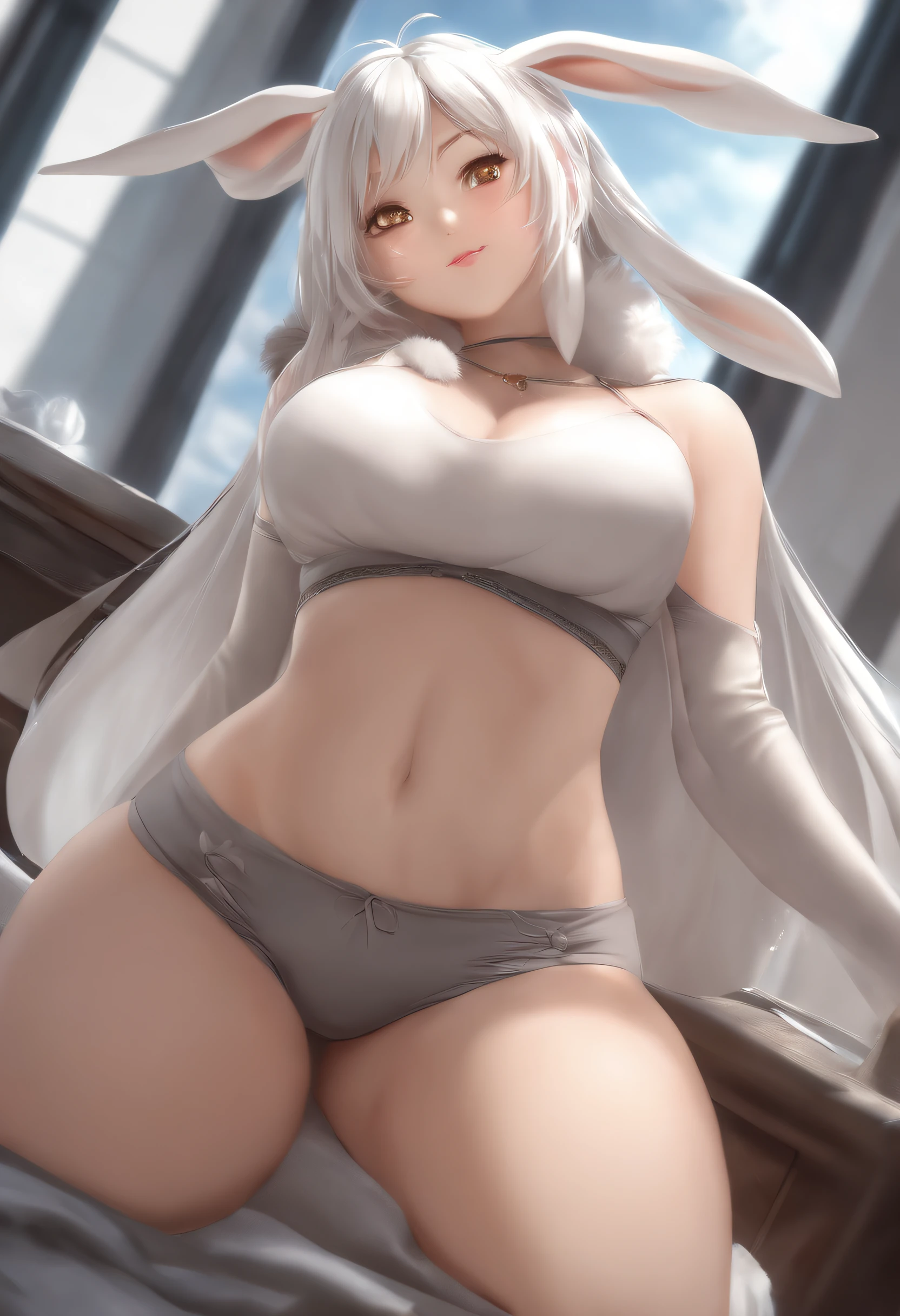 ass, sitting, solo, behind, , panties, butt focus, wide hips, anime girl with long white hair and rabbit ears, rabbit ears girl, solo, seductive anime girl, very beautiful anime rabbit girl, cute anime rabbit, cute anime rabbit, white haired deity, cute anime rabbit, perfect anatomy, tanned skin, big breasts, big thigh, slim body. , Rabbit humanoid,white hair, skin tan ,1girl, hairlong , HDR, Volumetric Lighting, octane rendering, 8k, ultra high definition, female hourglass body, sweaty, sexy positions, different types of sexy dresses, big breasts, big hips, full body image, Big thighs, from below, Big breast, big ass, thicc, perfect fingers, pefeiro body, perfect legs, perfect arms.