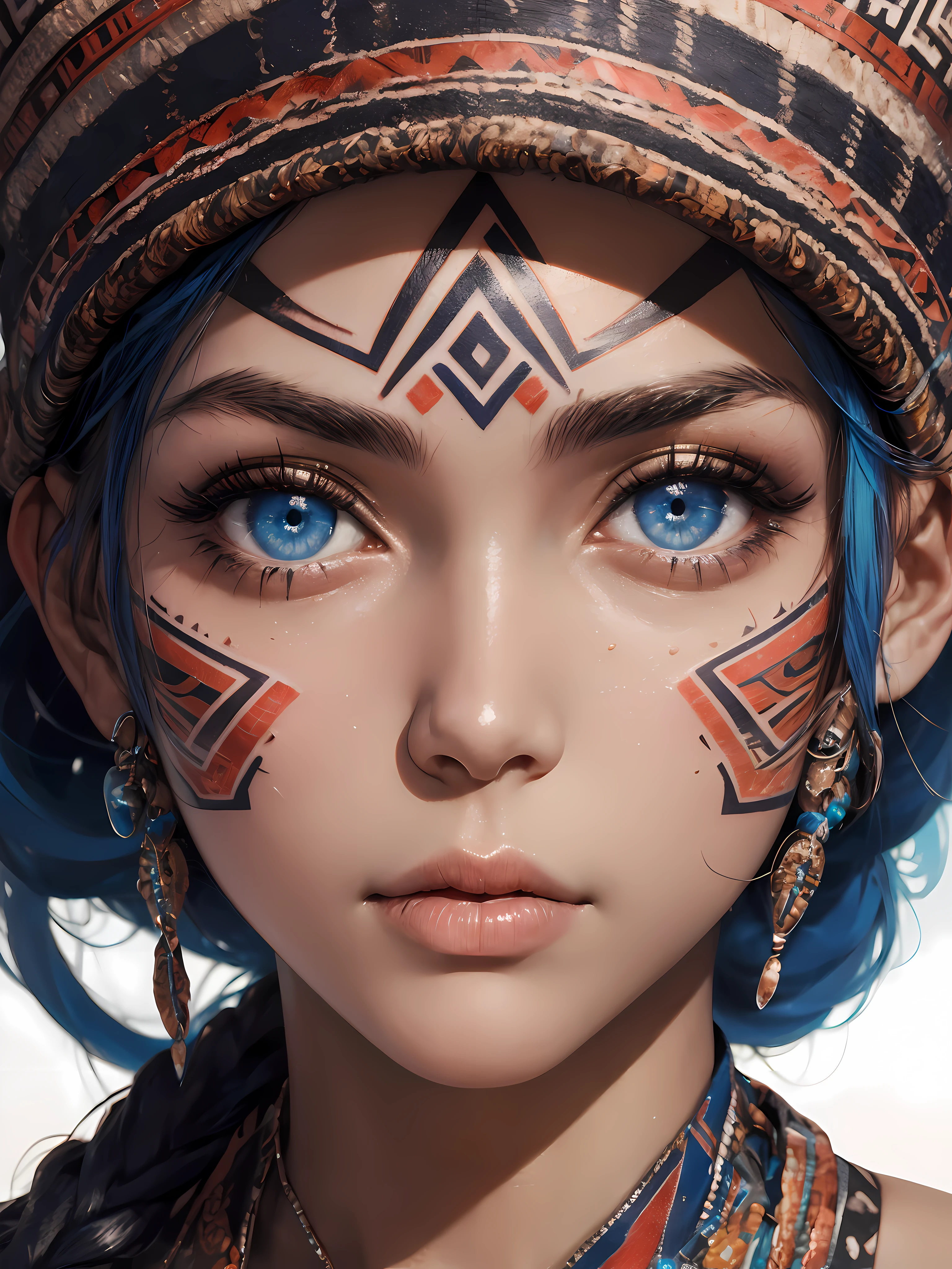 masterpiece, extreme close up, close up of a woman, basketball cap, blue eyes, tribal tattoo on cheek, looking in camera