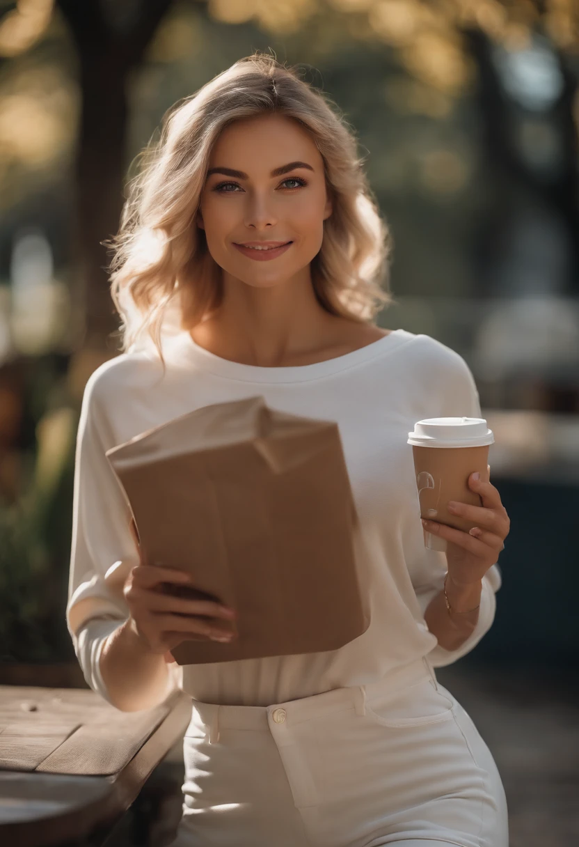 professional full body photo, (4k photo:1.1) by (Jeremy Lipking:0.3), (Dittmann Anna:0.3), (Arian Mark:0.3), (Sharp focus:1.3), high detail, holding coffee cup in her hand smiling, blond hair, russian, instagram model pose, confident, fit girl, lean girl, medium breasts:1.2, perfect anatomy, perfect symmetry:1.2, realistic, realistic face:1.2, perfect face, happy, confident, highly detailed, and dramatic, cinematic lighting, bright scene, soft lights, instagram story, 9-16, white sweatshirt.
