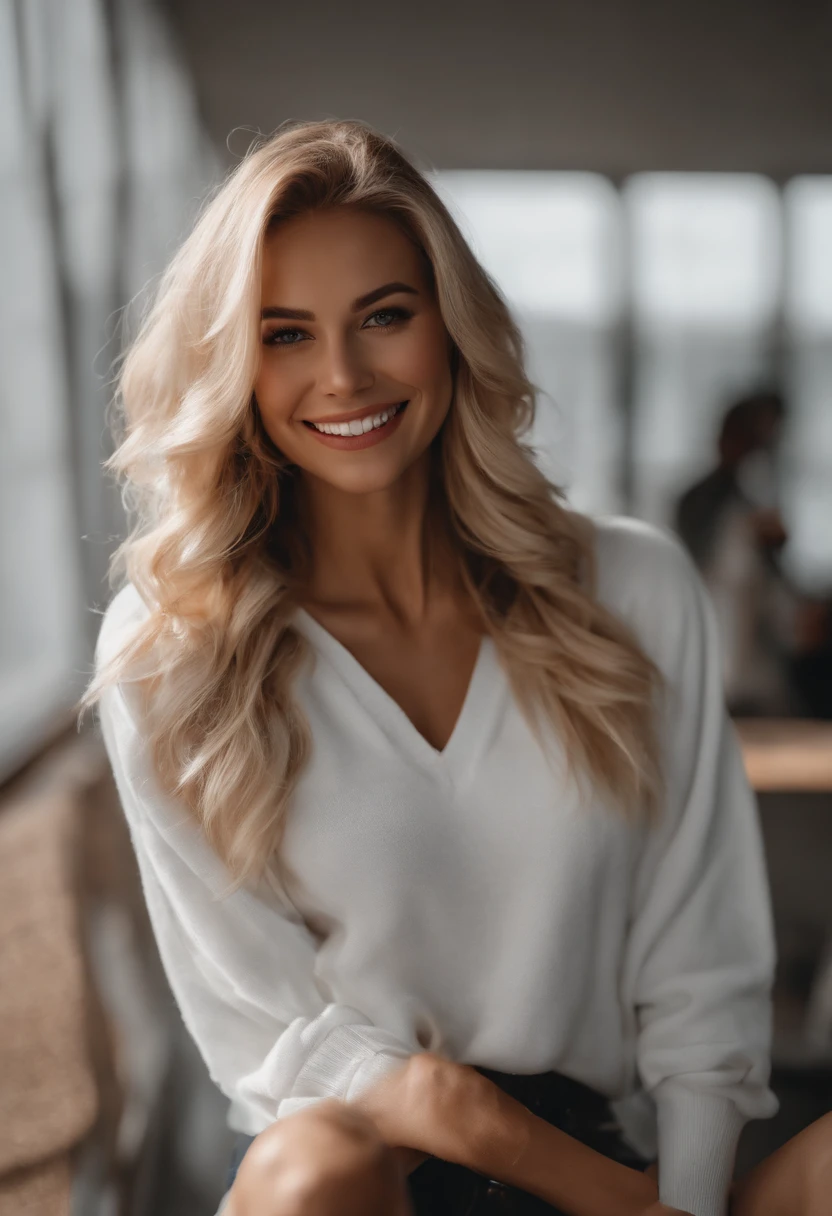 professionnel, (Photo 4K:1.1) par (JeremyLipking:0.3), (Dietman Anna:0.3), (jiner:0.3), (mise au point nette:1.3), High detail, Porter (Chemises basses:1.2), beautifull detailed face, Yeux bruns, longs cheveux blonds, (attractive young woman:1.3), (Seductive:1.1), (rougissant:1.1), Type de corps de sablier, grand cercle, Larges fesses, blonde goddess, costume moulant, tight attire, seductive grin smile, joli visage, fille parfaite aux cheveux blancs, pose satisfaite, Cute seductive smile, belle fille blonde, bonne jeune fille, Bel angle, pose attrayante, fille mignonne, sexy pose, magnifique blonde, Image du corps entier, corps entieresbienne, Plan du corps entier de, Porter une jupe et des bottes noires