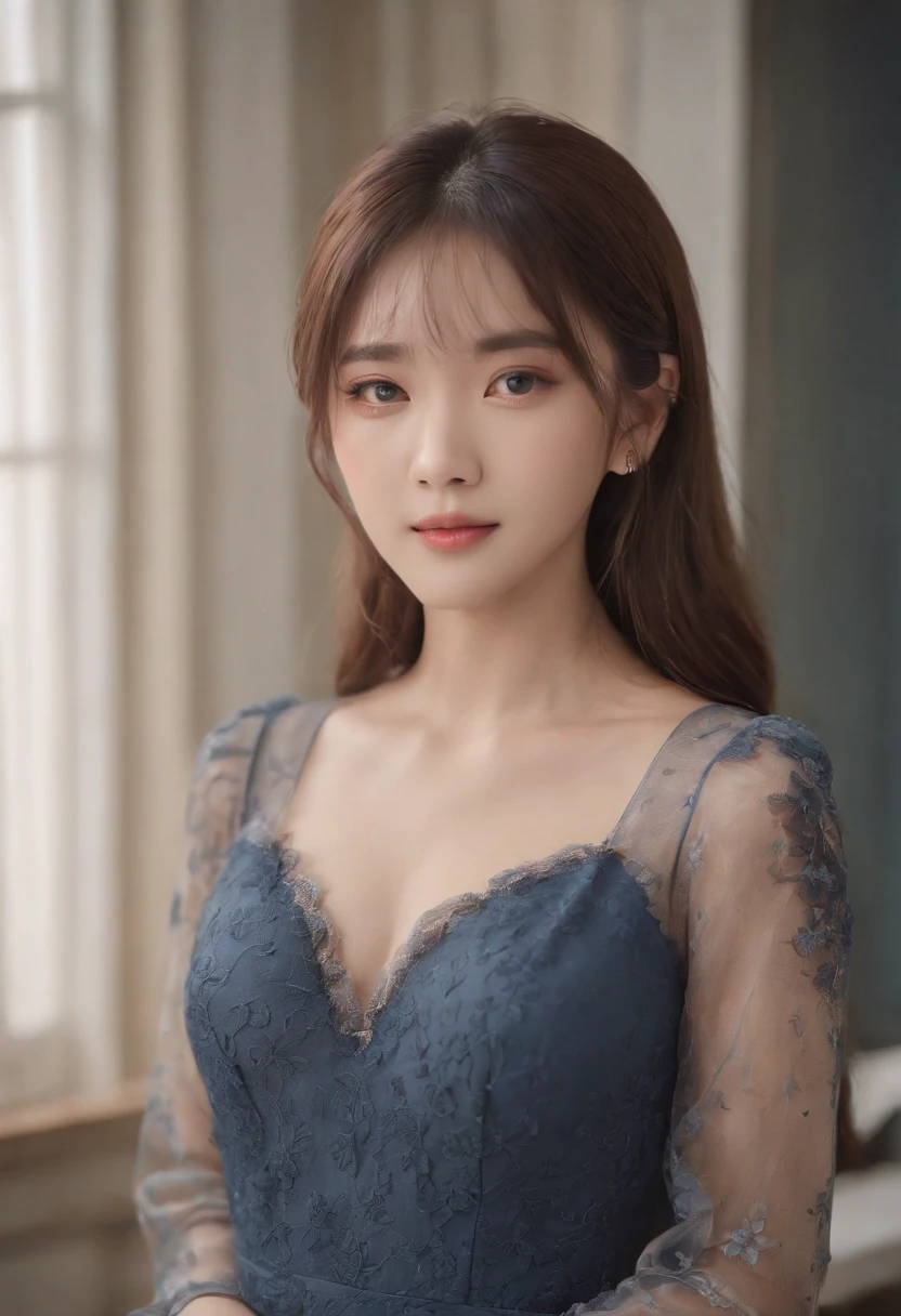 top-quality, Photorealsitic, masterpiece, 8K, Hi-Res, 独奏, 1girl in, (((infp young woman))),、full body Esbian、(small tits), ((Look at viewers)), (look at a camera), ((Different hairstyles close to long))、Perfect straight black hair、(((With bangs)))、 (profetional lighting), Highly detailed bright face、Gentle Japan girl、Lovely smile、Small cleavage、With lace、Blue dress(long-sleeve)、Standing in the room