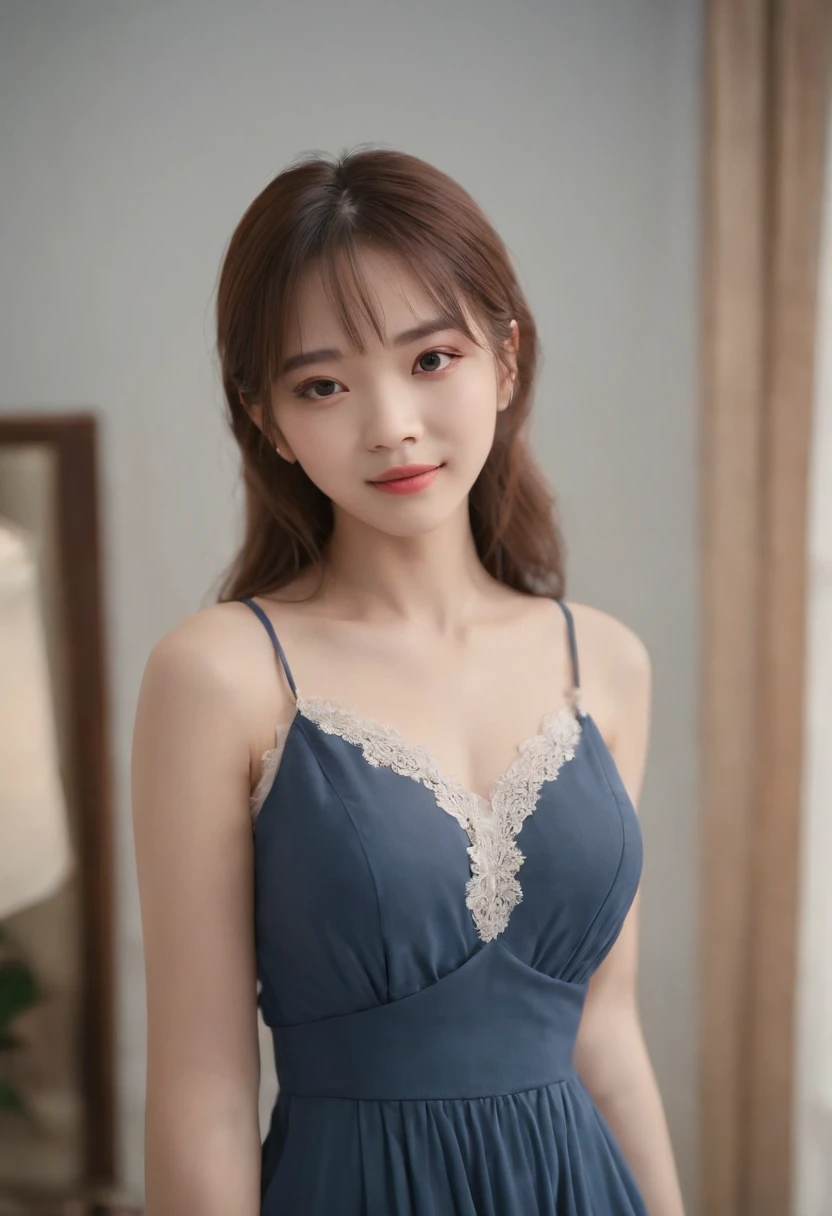 Gorgeus Girl, Beautiful, Baby Face, 20 Years Old, White Skin, Beside, Sexy Pose, nightgown, Blue Eye, Bokeh, bedroom Background, Masterpiece, asking for a hug, full body Shot, open arms,