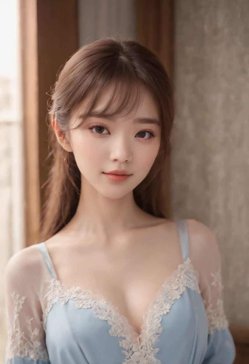 top-quality,Photorealsitic,masterpiece,16k,独奏,1girl in、full bodyesbian、(((infp young woman))),sixteen years old、Medium length lashes、(small tits),((Look at viewers)),(look at a camera),(Medium Long Hairstyles)、(Straight black hair)、With bangs、Bright face、Gentle Japan girl、Cute smile、Small cleavage、She is wearing a pink cami dress、Standing in front of a plank wall at home