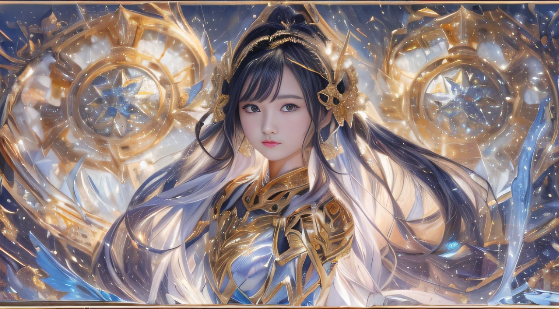 Water Goddess 32K,复杂,ellegance,highly detailed,A majestic,Digital photography,Autumn gold wire lens,surrealism painting,Broken rubies,Beating magic,Entwined water magic,(tmasterpiece,Cinematic light,Fine beautiful eyes:1.2),hdr,Void 5 Energy Storm,(China 1 girl,Black eyes:1.5),paleskin,Glowing skin,(sitting on the stone:1.5),delicated face,Black color hair,Wear palatial gold armor,cropped shoulders,nabel,short skirt,Beautiful light blue armor,big breasts beautiful,looking at viewert,Cinematic shots,tmasterpiece,Side whole body,