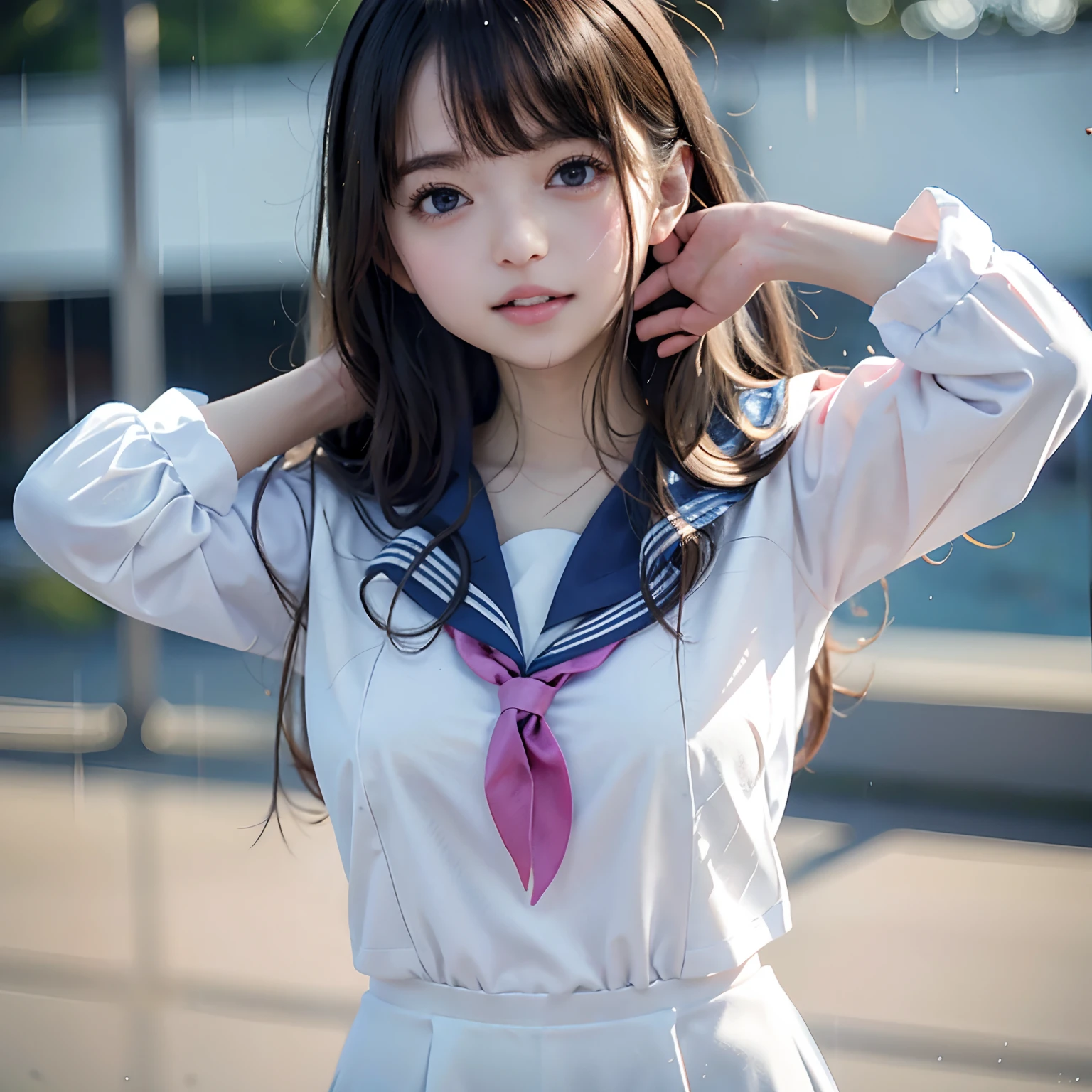 NSFW, 8k RAW photo, ((Sailor School Uniform))top-quality, masterpiece,kawaii faces、dual、 all-fours、full body Esbian、jumpping、A smile、kawaii faces、超A high resolution, film grains, filmg, 1girl in, looking at the viewers, natural skin textures, realistic eyes and face details, Perfect tooth alignment、Perfect eyes and perfect mouth、 bangss、cparted lips, s lips,Wet in the rain