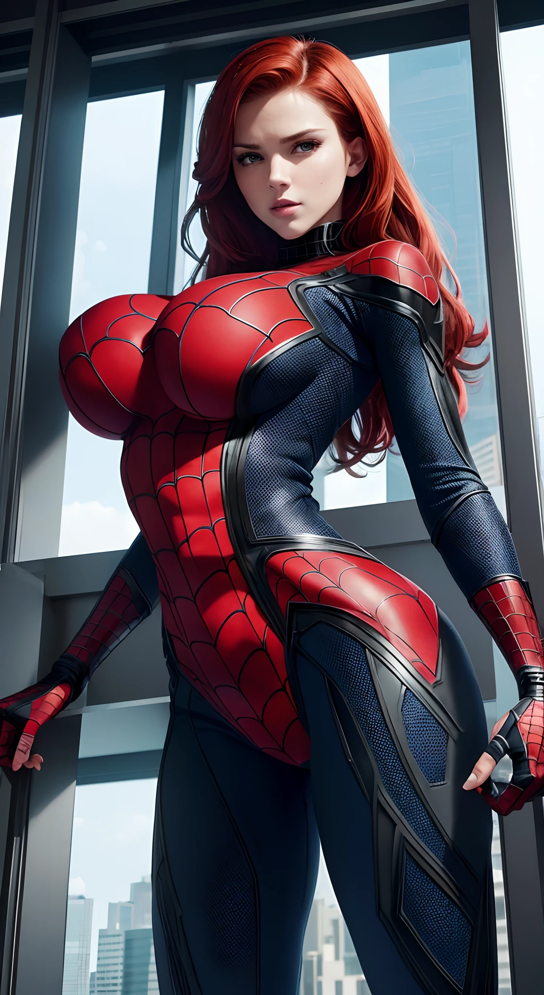Redhead girl with a sexy thin waist, hot big ass, ultra realistic photo, eroic expression, perfect and detailed face, (she wears a torn Spider-Man outfit showing her huge breasts, hot ass seen from below) dressed as Spider-Man from Marvel Comics, on top of a building, Cinematographic, (ultra realistic), (illustration), (very high resolution), (8k), (very detailed), (best illustration), (best quality), (ultra detailed), ( master piece), alone, (Dynamism), dark studio, she wears a futuristic jacket, perfect American goddess, Beautiful innocent girl, (Spider-Man's torn outfit, with her beautiful huge and long breasts showing, giant pointy breasts), breasts coming out of their clothes and showing, marked pussy showing her pubic hair, erotic hot girl, half naked, marked pussy,