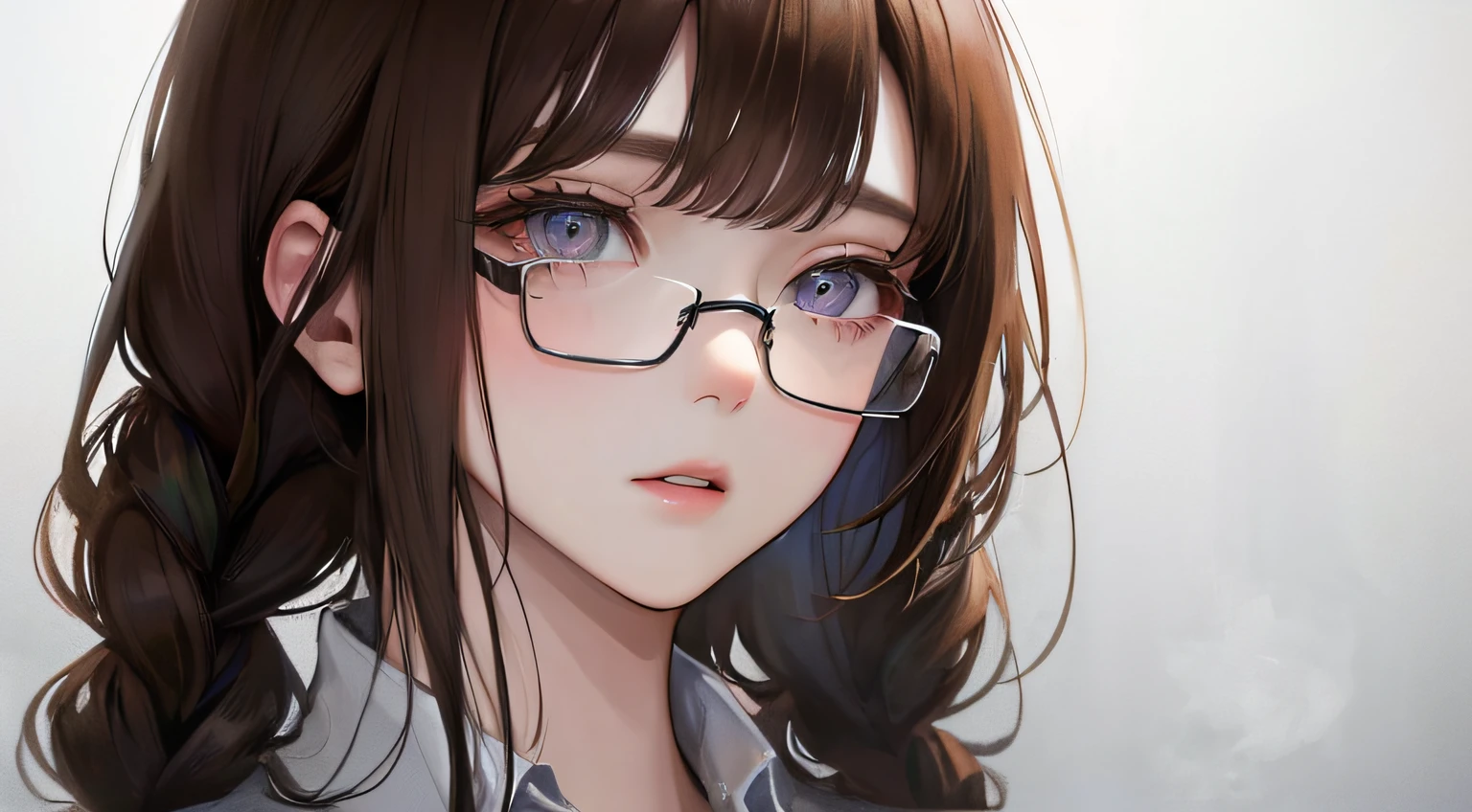 (((1人の女性)))、(Top resolution、Distinct_image) best qualtiy、(((heavy fog)))、((Light color))、​masterpiece、ighly detailed、Semi-realistic、Brown hair、eye glass、Braided hairstyle、deadpan、bangss、20yr old、年轻、white  shirt、natta、delicated facial features、Facial features、mid-shot、
