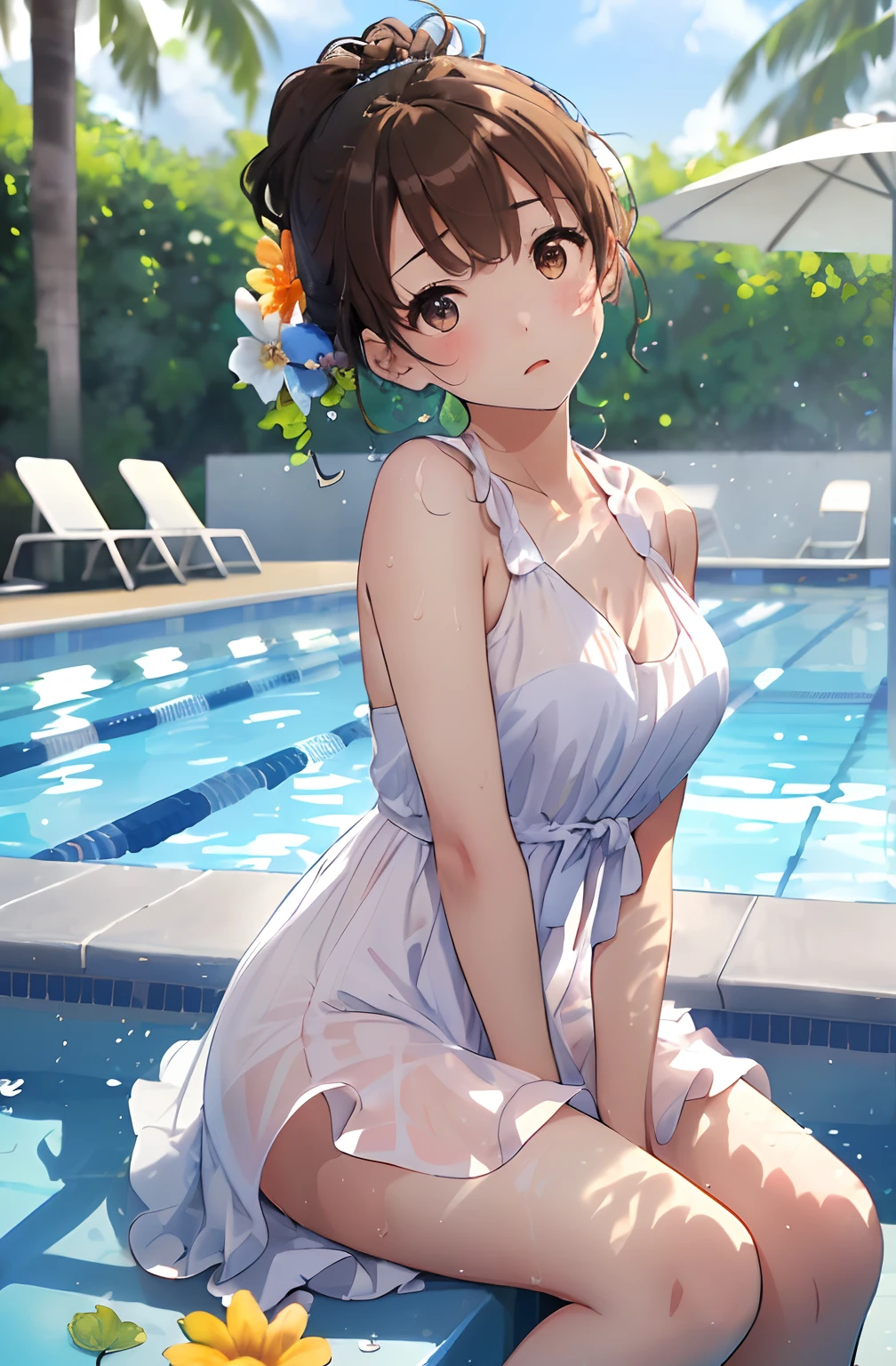 top-quality、masterpiece、(1人の女性:1.3)、(Soft bust:1.2)、Natural Big、(Simple and transparent dresses )、(Chest thrusting pose)、(thighs thighs thighs thighs:0.8)、slender、Brown hair、(Hair is tied back)、(Highlights in the eyes)、de pele branca、(embarassed expression)、(swimming pools)、with blue sky and white clouds、1 contrail、Beautiful summer flowers、(Blurred beautiful background by the pool in resort area:1.2)、(Avoid backgrounds around the face)、diffuse sunlight