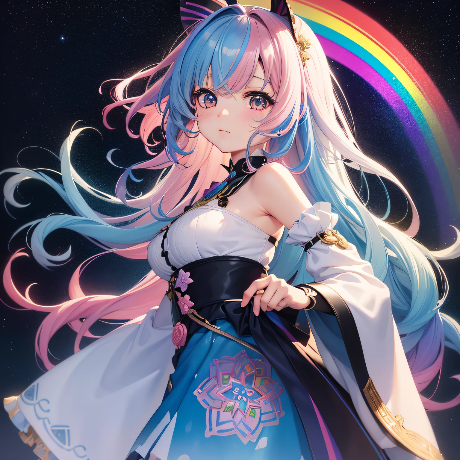 nendoroid、(​masterpiece、top-quality、top-quality、watercolor paiting(Curly)、Official art、Beautifully Aesthetic:1.2)、(1girl in:1.3)、(Fractal Art:1.3)、The upper part of the body、From Side、looking at the viewers、patterns、(rainbow-colored hair、colourful hair、Half blue and half pink hair:1.2)、Eau、liquids、​​clouds、colourfull、starrysky、stele、