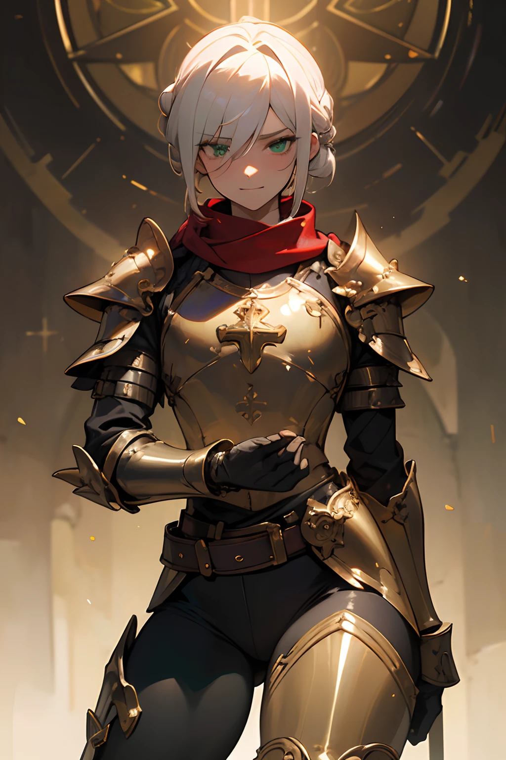 Masterpiece, best quality, very detailed, trending on ArtStation, 1man, femboy, (effeminate), knight, long hair, (white hair), ((chignon haircut)), looking at viewer, extremely detailed eyes, (green eyes), blushing slighly, serious grin, detailed nose, scar under left eye, ripped scarf, (red scarf), spiked pauldrons, (golden ornaments), ornate chest plate armor with gemstones, (blue gemstones), dented details on armor, belts and buckles on waist, deteriorated Greaves, ripped leather leggings, (detailed leg muscles), ((thick thighs)), great sword stuck in the ground, (gold detailed cross-guard), ((black leather grip)), praying on knees, destroyed dark church background, dark ambiance, ambiance light