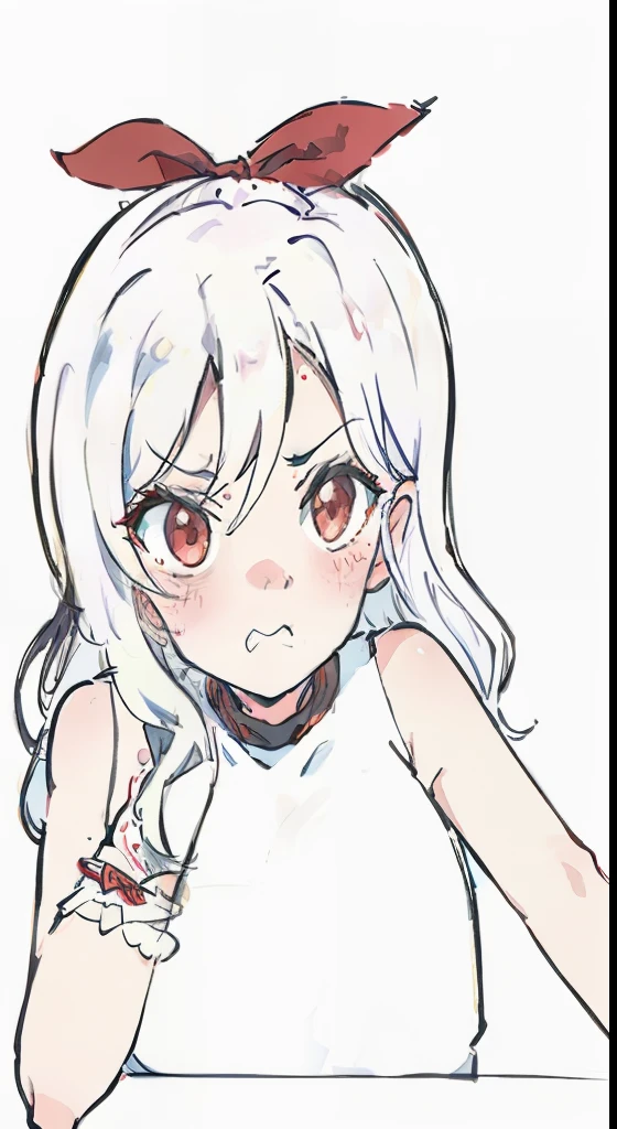 Close-up of a woman, sadistic expression, hand on cheek, anticipating, introduction, video game character design, video game character design, maple story gun girl, anime style, 1 girl, half body, modern, long hair, white hair, idol, white sleeveless crop top, red eyes, black chocker, red bow on top, wavy hair, sadistic expression, white shirt, white background, character sheet, fashionable, looking to viewer