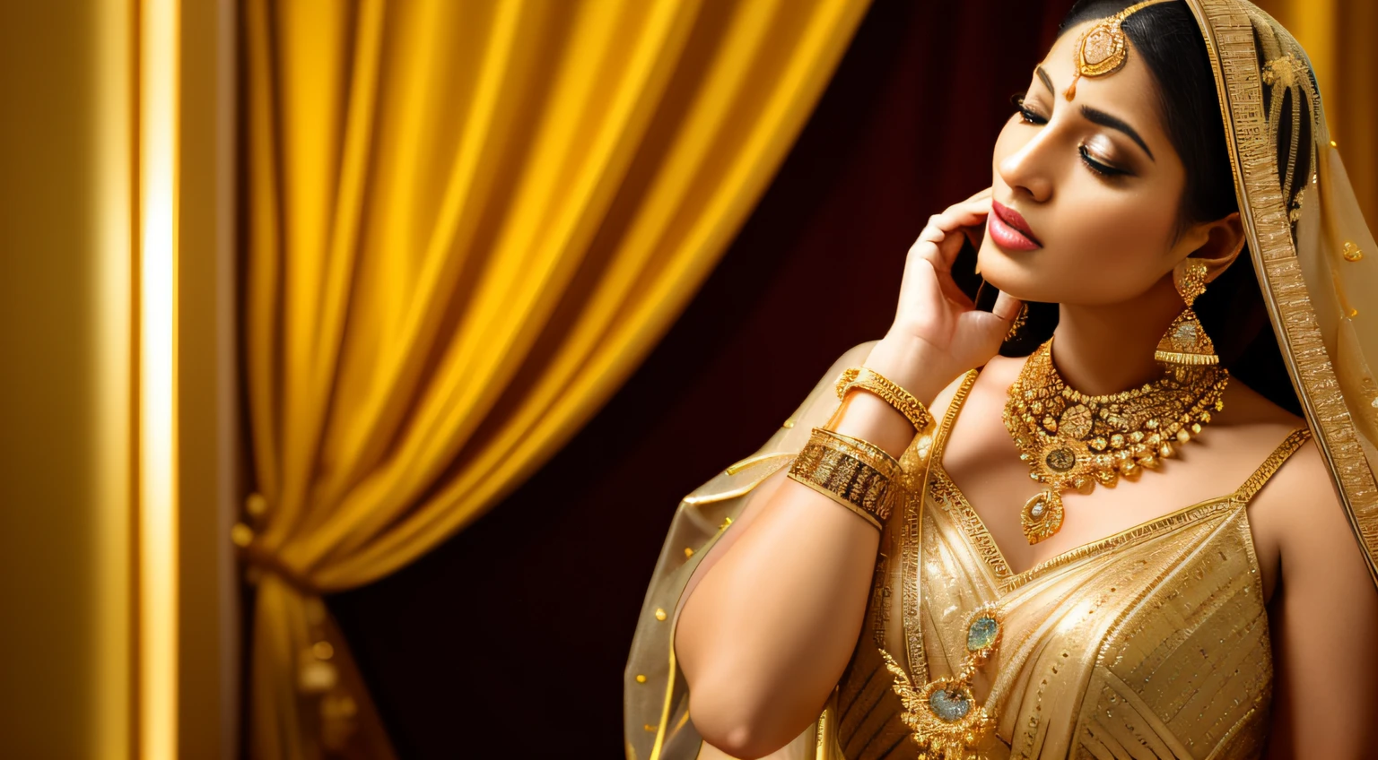 there is a woman in a gold dress holding a cell phone, adorned with precious stones, photo of a hand jewellery model, heavy gold jewellery, intricate jewellery, golden jewellery, gold jewellery, detailed jewellery, portrait shot, ornate and intricate jewelry, wearing gold jewellery, veils and jewels, side view intricate details, wearing elegant jewellery, intricate gold jewlery