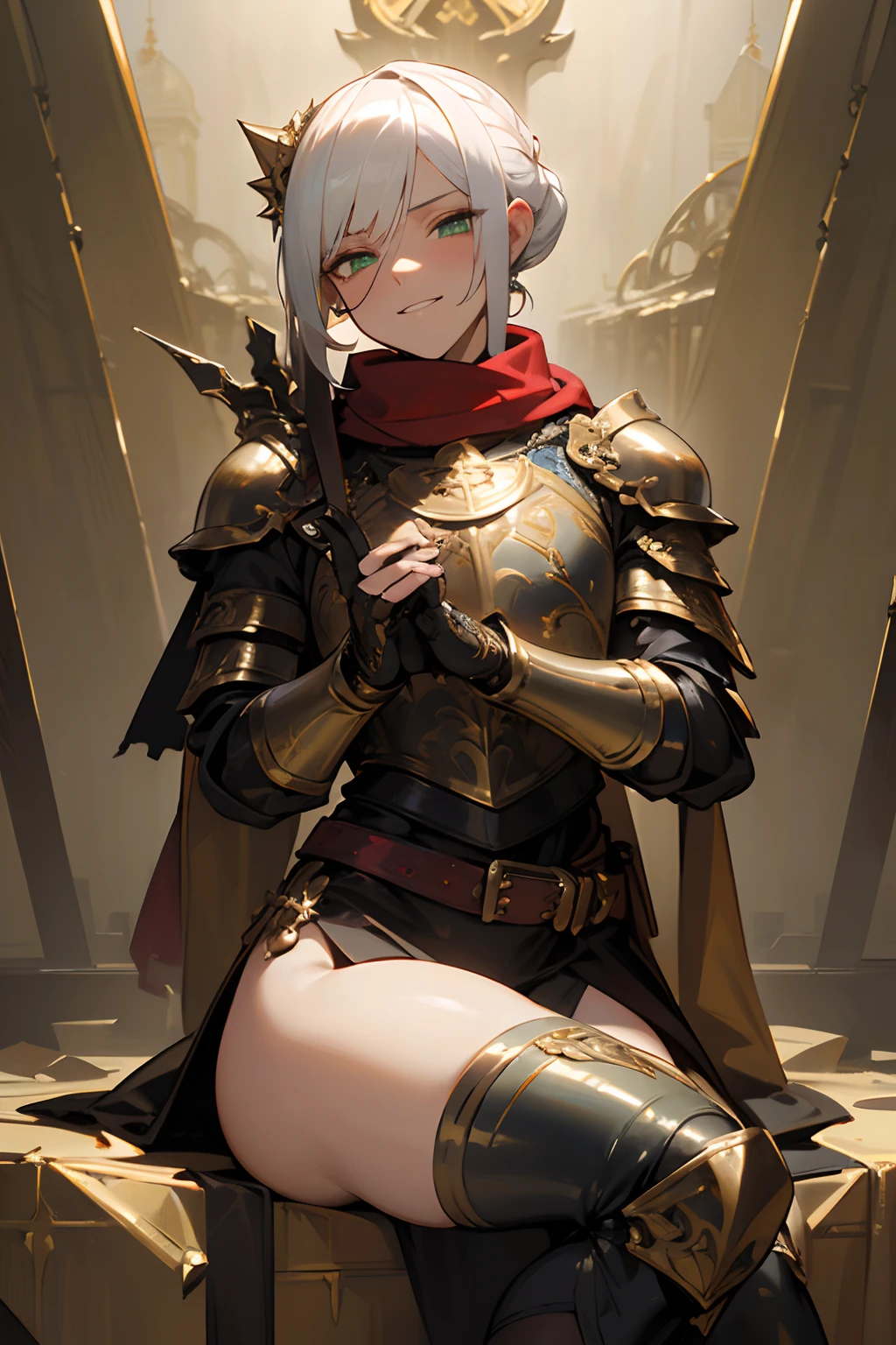 Masterpiece, best quality, very detailed, trending on ArtStation, 1man, femboy, (effeminate), knight, long hair, (white hair), ((chignon haircut)), looking at viewer, extremely detailed eyes, (green eyes), blushing slighly, serious grin, detailed nose, scar under left eye, ripped scarf, (red scarf), spiked pauldrons, (golden ornaments), ornate chest plate armor with gemstones, (blue gemstones), dented details on armor, belts and buckles on waist, deteriorated Greaves, ripped leather leggings, (detailed leg muscles), ((thick thighs)), corrupted great sword stuck in the ground, (gold detailed cross-guard), ((black leather grip)), praying on knees, destroyed dark church background, dark ambiance, ambiance light